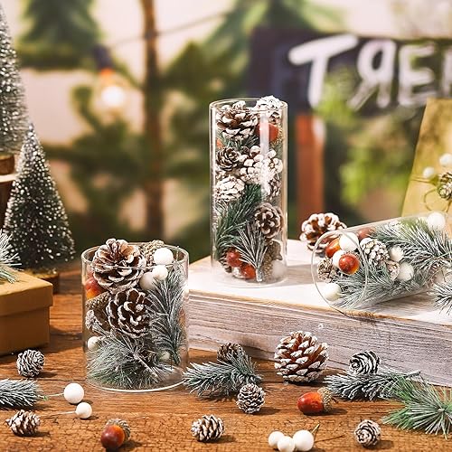 Miniatura 3 de Zeyune Juego de 180 piezas de ramas de pino de Navidad con bayas de acebo, juego de ramas de pino, relleno de florero, decoración de corona, bayas
