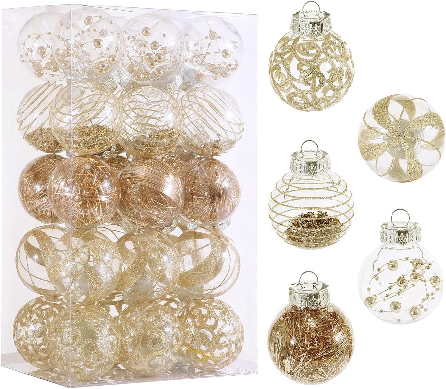 60MM/2.36" Christmas Ornaments Set, 30pcs Clear Christmas Ornaments Champagne Shatterproof Decorative Baubles for Xmas Tree Decoration Christmas Ornament Balls for Holiday Party Indoor Outdoor Decor