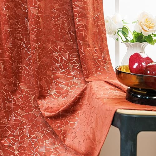 Miniatura 2 de Tootop Cortinas opacas de terciopelo naranja con estampado geométrico de lámina dorada, suaves y lujosas, para sala de estar, dormitorio, bolsillo