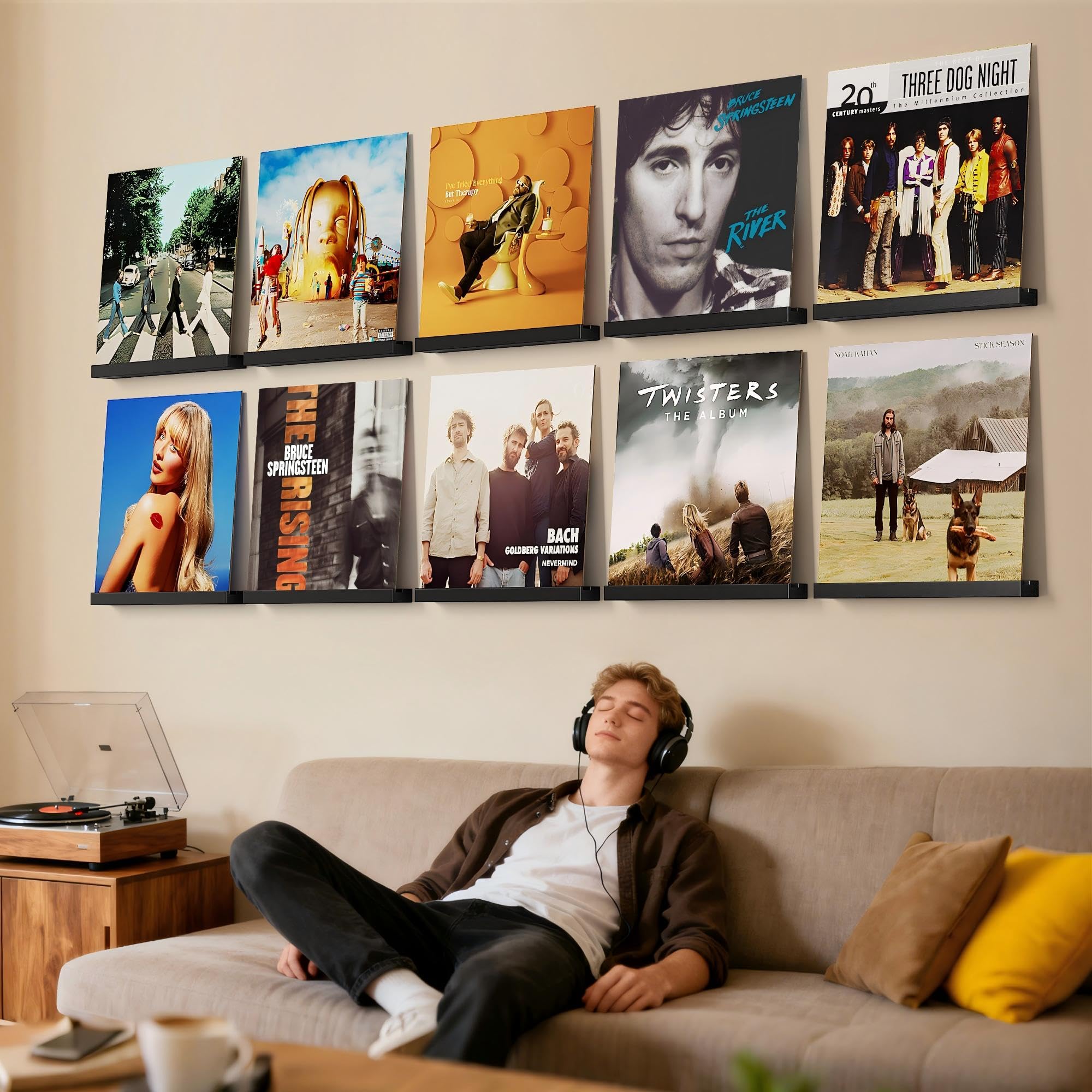 12 Pièces Porte-disques Mural en Bois, Rétro Supports Muraux pour 12 Vinyles, Porte-disques Mural pour Salon de Décoration, Affichage et Stockage, Collections (Noir)