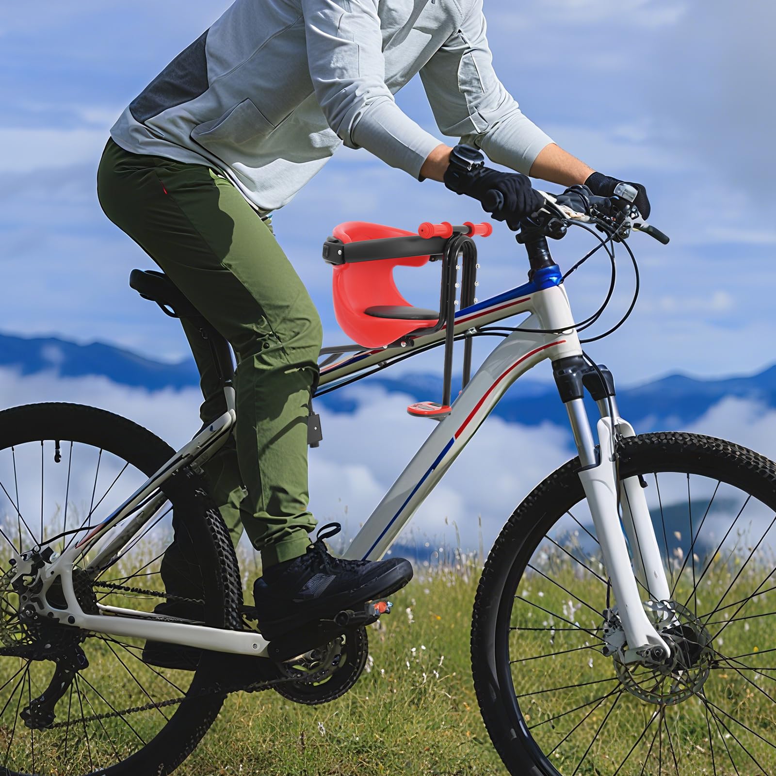 Siège avant pour vélo de montagne pour enfant avec support réglable et barre de sécurité amovible, poignées antidérapantes et repose-pieds, max. 50 kg, pour 8 mois à 4 ans