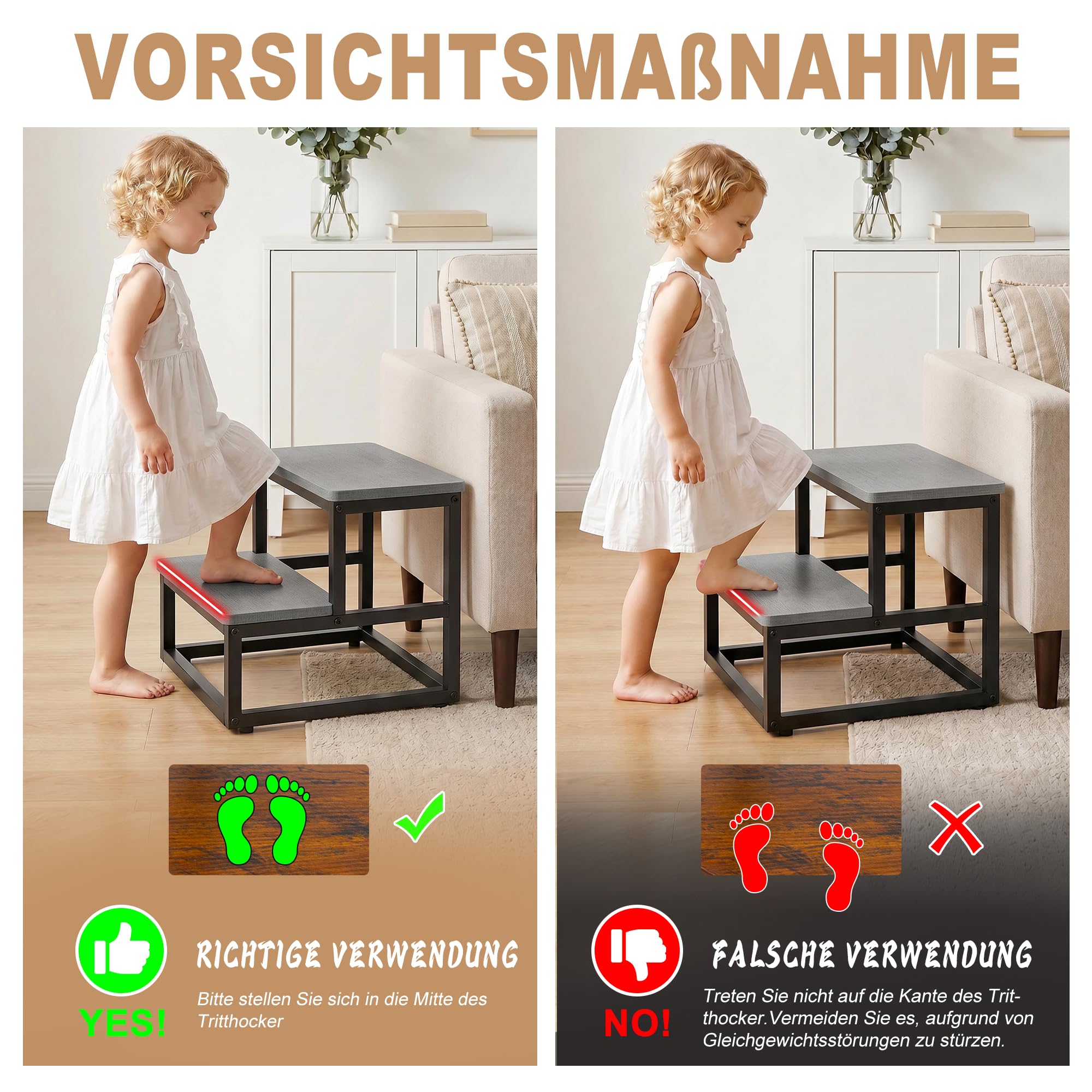 ROTTOGOON Tritthocker 2 Stufen für Erwachsene Kinder, Anti-Rutsch Tritthocker Holz Metallrahmen mit 500lbs Tragkraft Abgerundete Eckendesign Fußbank für Küche Bad Schlafzimmer Wohnwagen (Grau)
