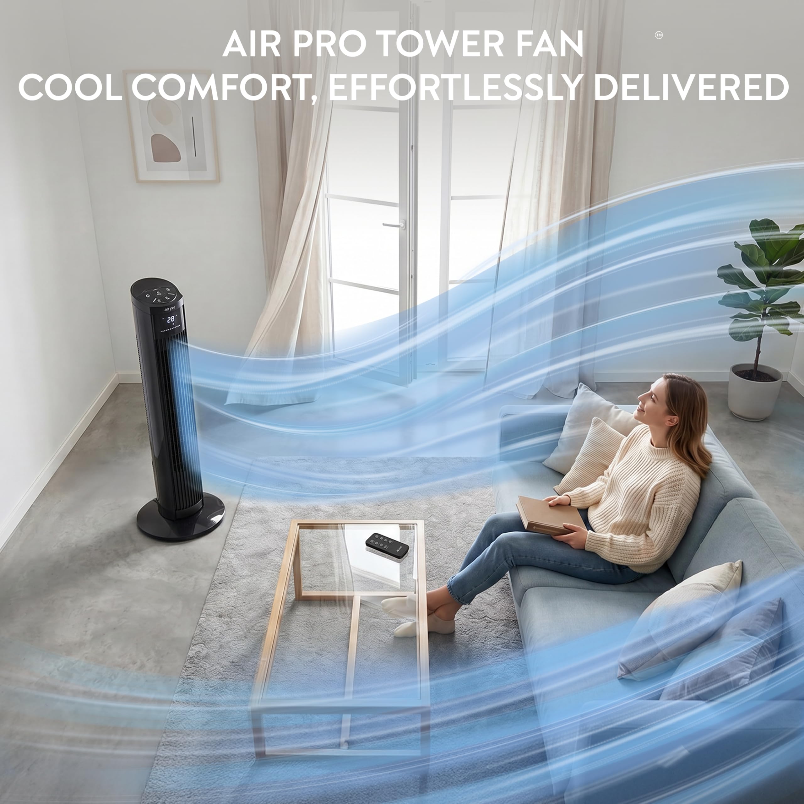 Air Pro 36" Tower Fan Oscillating Bladeless Fan with Remote Control - Tall Compact 3 Speeds Quiet 55W Motor Cooling Fan - Floor Standing Fan for Home Office - LED Display 15 Hour Timer