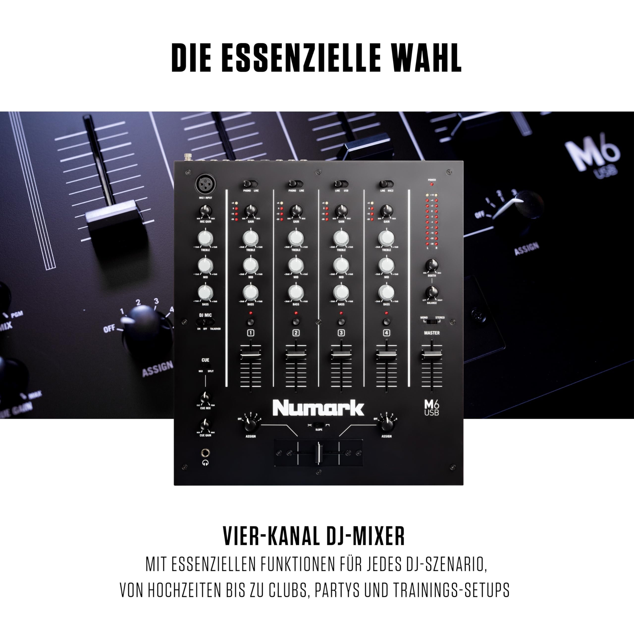 Numark M6 USB - 4-Kanal DJ-Mixer mit integriertem Audio Interface, 3-Band EQ, Mikrofoneingang und austauschbarem Crossfader mit Slope-Kontrolle