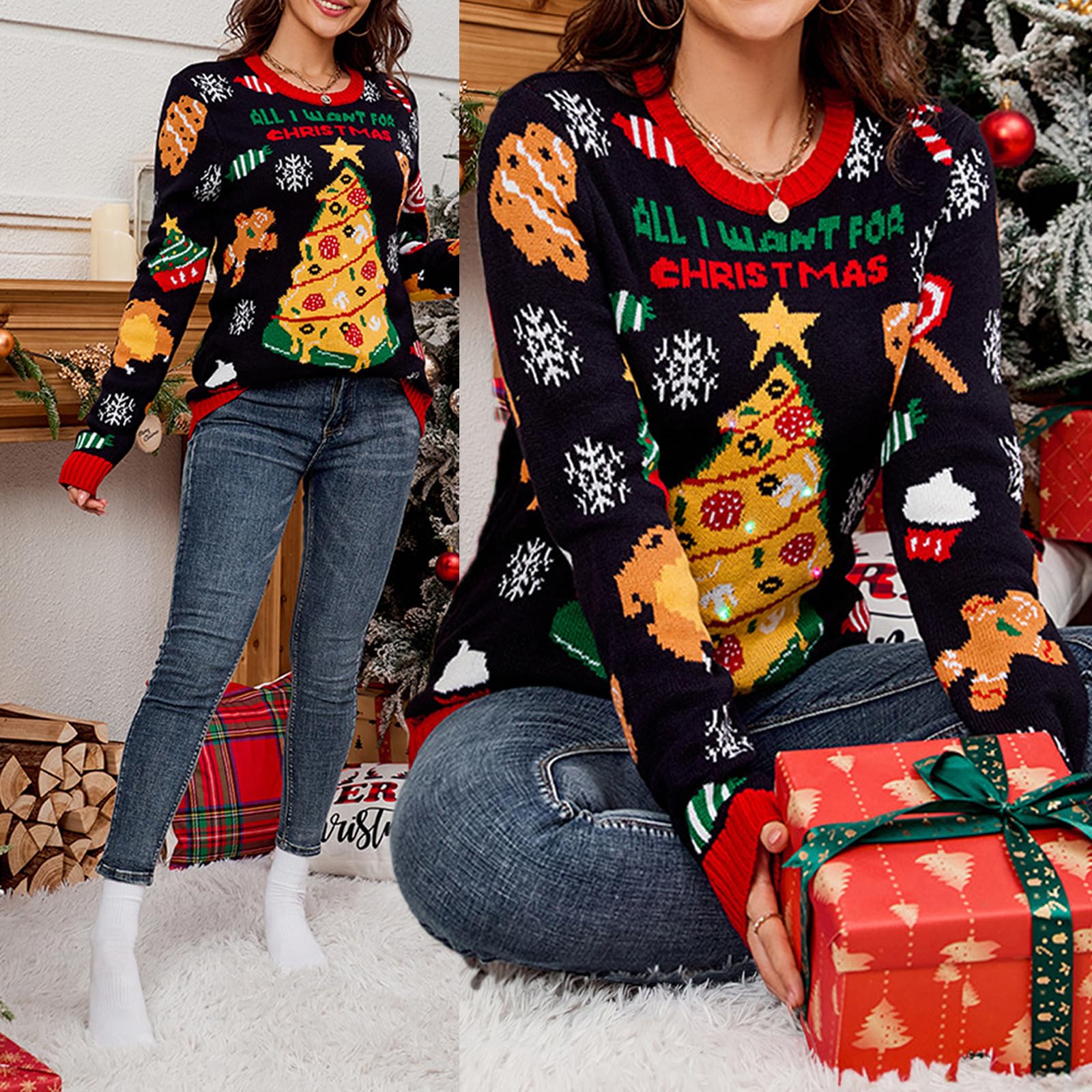 Novità Cartoon Santa LED Light Up Brutto Maglione di Natale per riunioni di famiglia Donne Manica Lunga Girocollo Maglione Top Babbo Natale Maglia Top