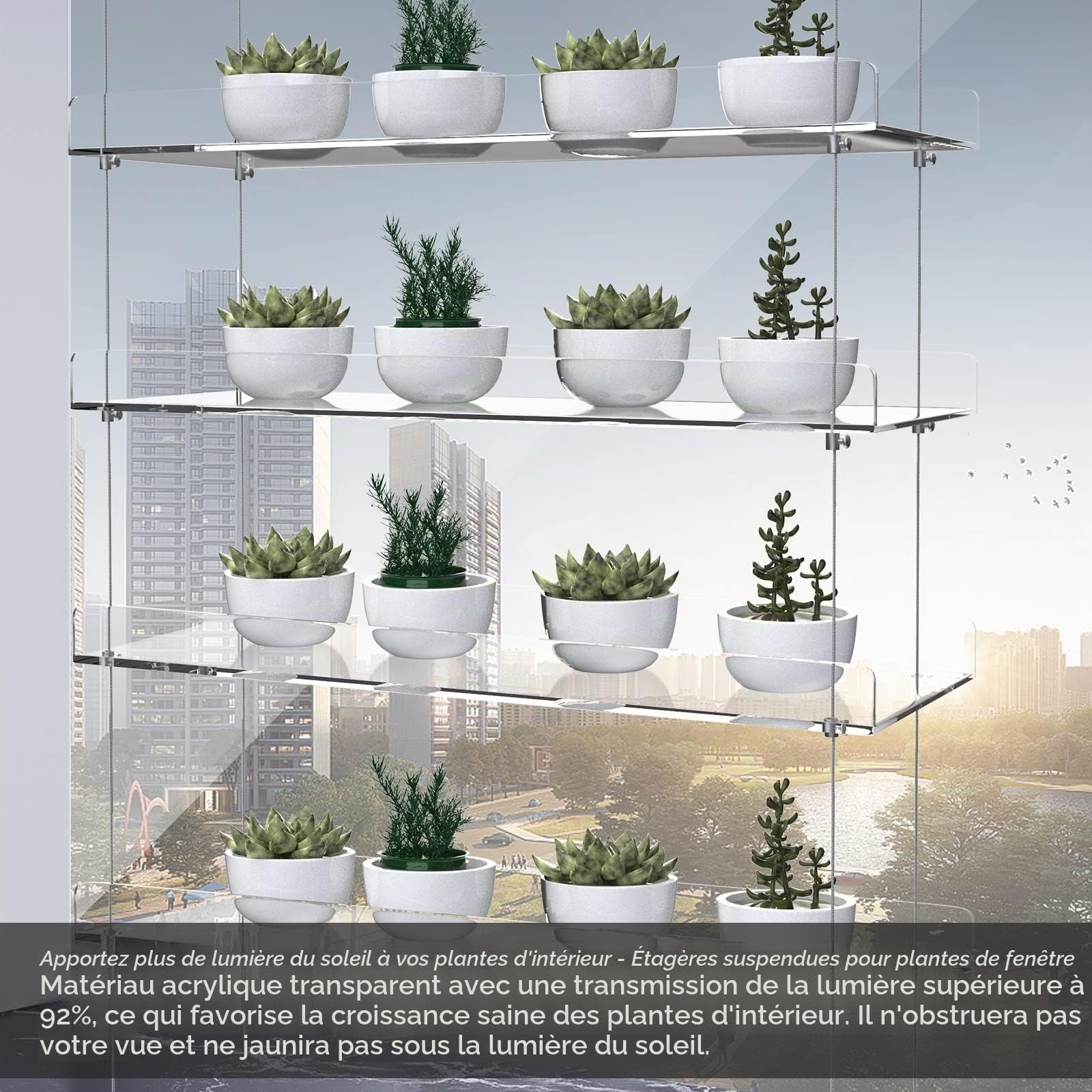 Étagères à suspendre en acrylique pour fenêtres, hauteur réglable, transparent, à suspendre, support mural pour plantes à suspendre pour fenêtre, cultiver des herbes, des fleurs