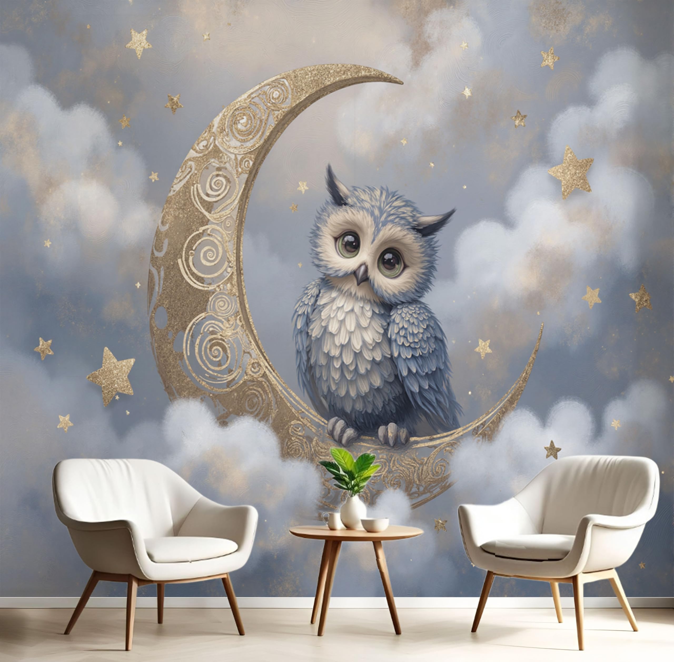 Papier peint panoramique hibou pour une atmosphere douce et apaisee de bebe