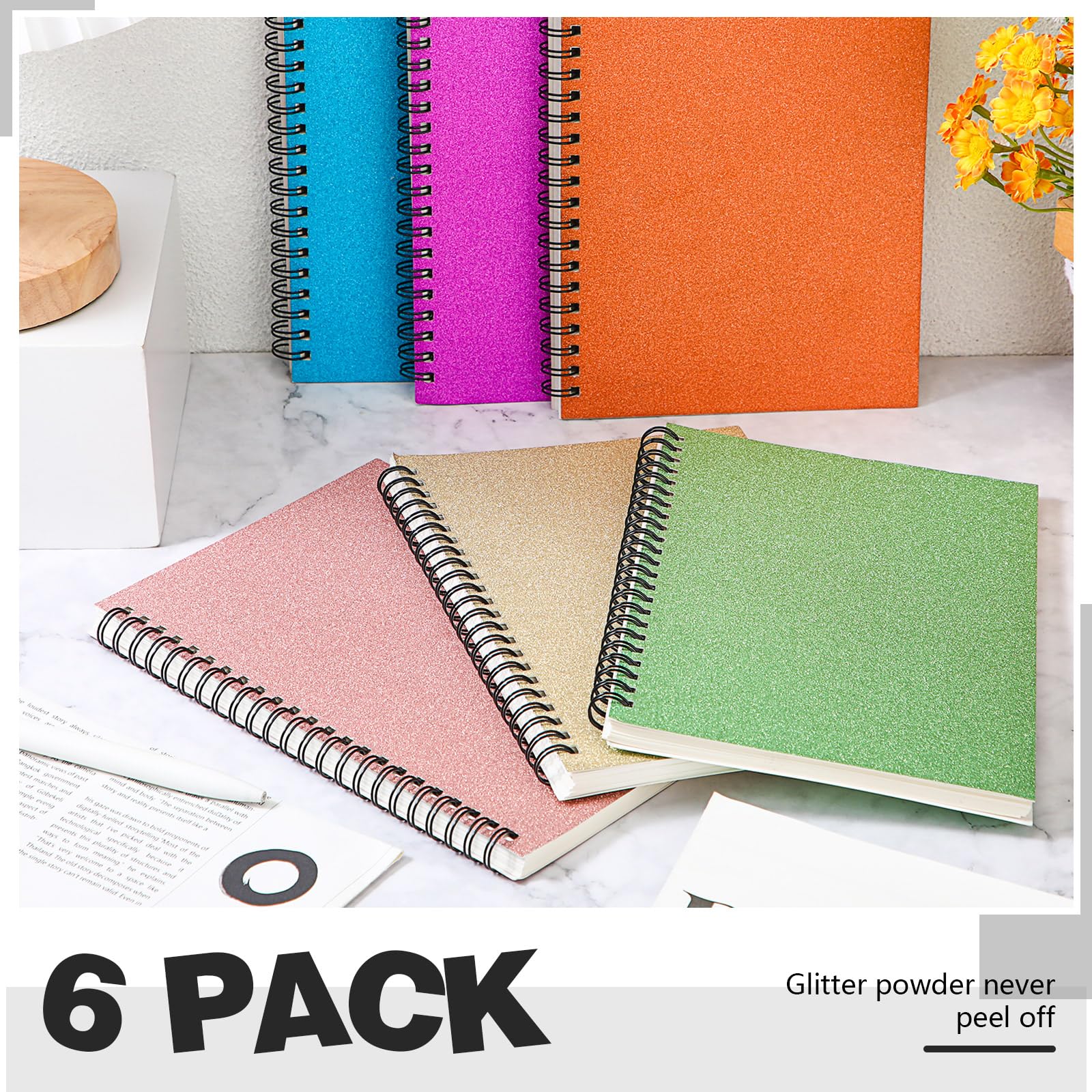 Saypacck Confezione da 6 quaderni a spirale glitterati da 20,3 x 14,5 cm, 160 pagine, per università, quaderni a righe, per ragazze, donne, scuola, ufficio, casa, regali