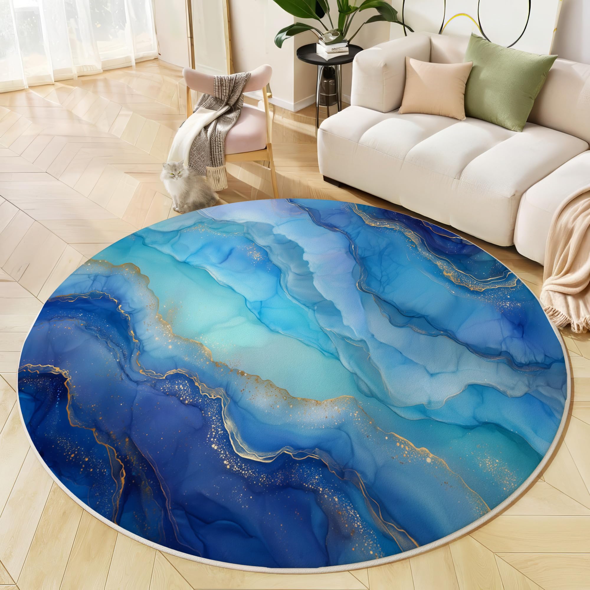 Tapis rond indigo 140cm abstrait moderne avec lignes dorées antidérapant et lavable