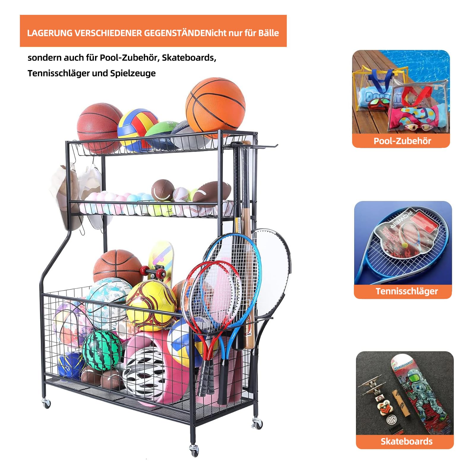 Sportgerätelagerregal aus Kohlenstoffstahl – 2 Körbe, 2 verschließbare Räder – Stabiler Organizer für Homegym, Garage, Schulsportartikel
