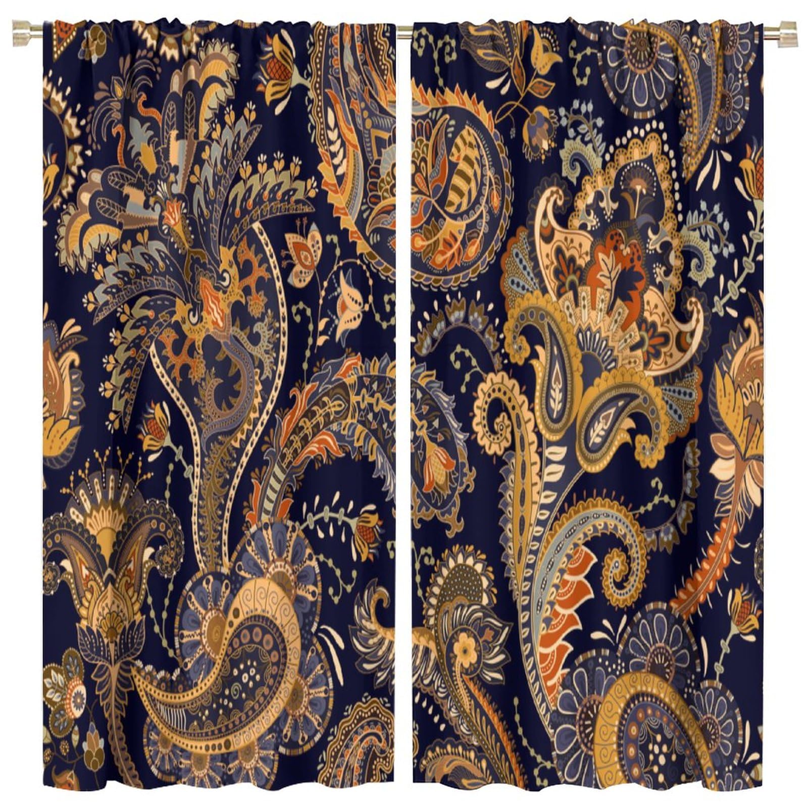 BenYaSong Paisley Window Curtains,Vintage Floral Bohemian Elements for Teen Thermal Insulated Darkening Room Window Curtain Drapes 2 Panels 63x63in