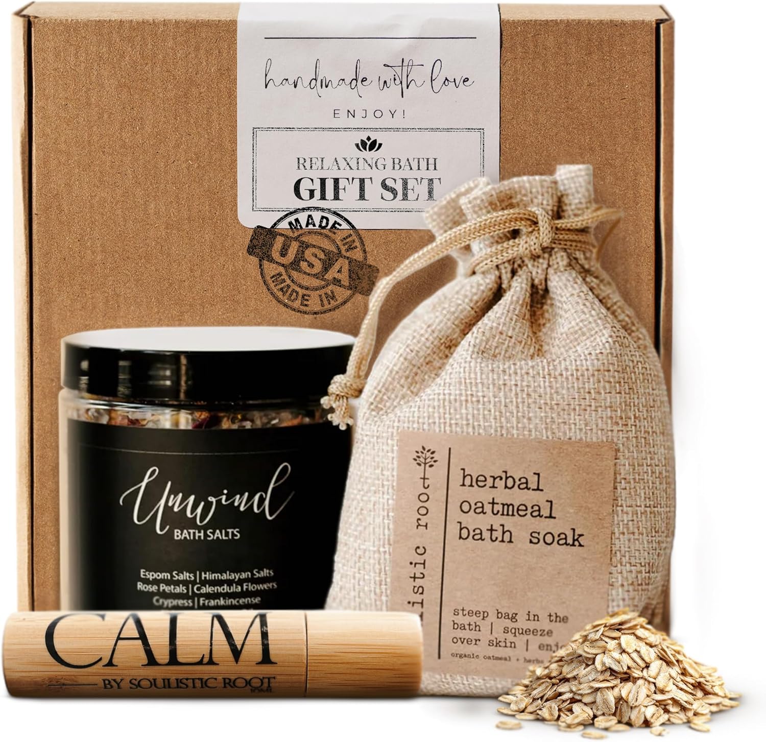 SOULISTIC ROOT Revitalizing Bath Gift - Premium Self-Care Bath & Body Set with Lavender Oatmeal Soak, Tranquil Essential Oil Roller, Epsom Salt Soak, Home Spa Kit, Valentine's Day Ready-to-Gift Box