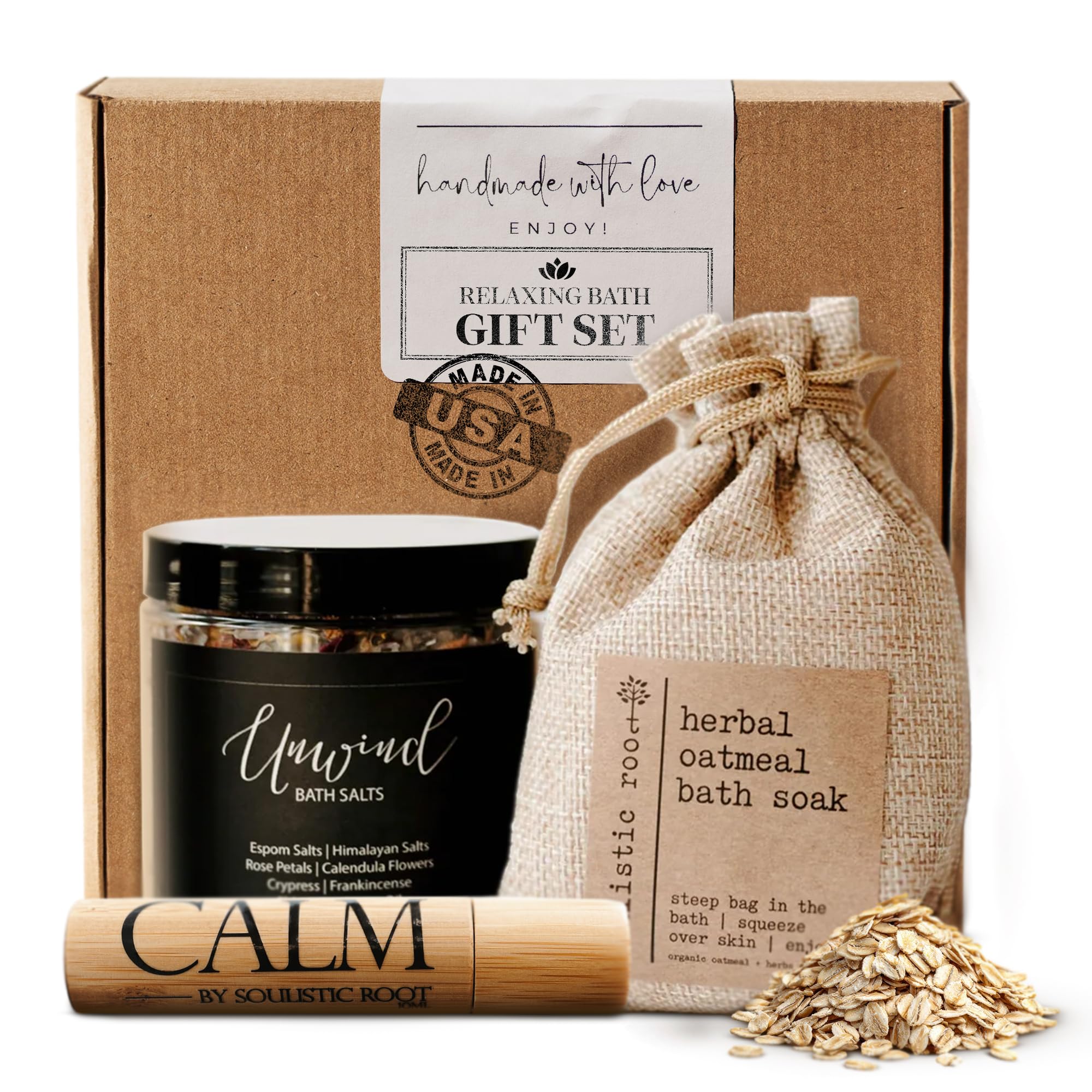 SOULISTIC ROOT Revitalizing Bath Gift - Premium Self-Care Bath & Body Set with Lavender Oatmeal Soak, Tranquil Essential Oil Roller, Epsom Salt Soak, Home Spa Kit, Valentine's Day Ready-to-Gift Box