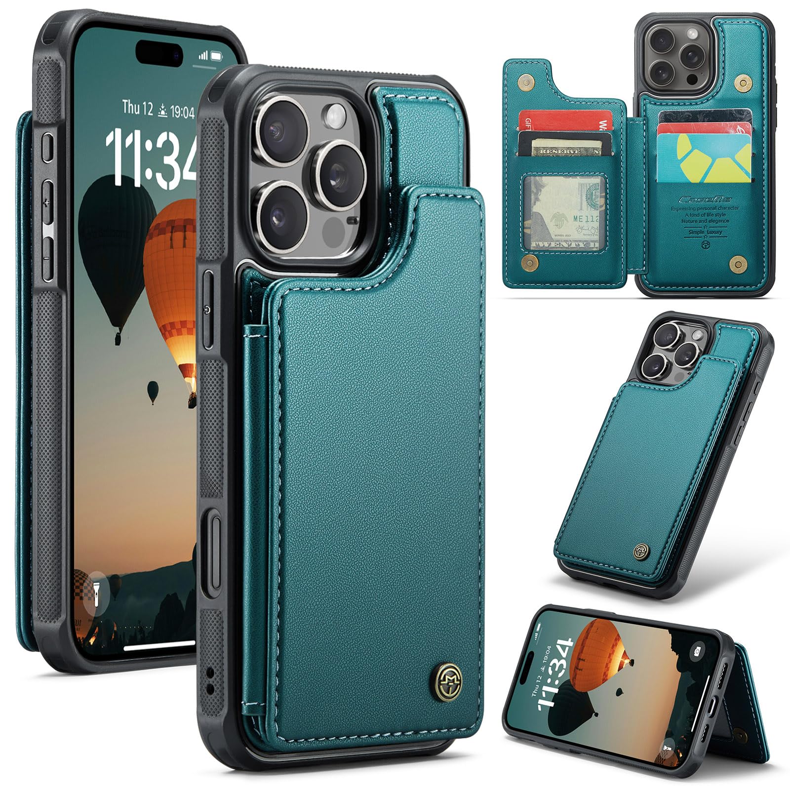 ELEPIK for iPhone 16 Pro Max Case with Card Holder, Kickstand [5 Card/Cash Holder] [for Women & Men] [Durable PU Leather] Magnetic Wallet Phone Cover for iPhone 16 Pro Max, Fashion Green