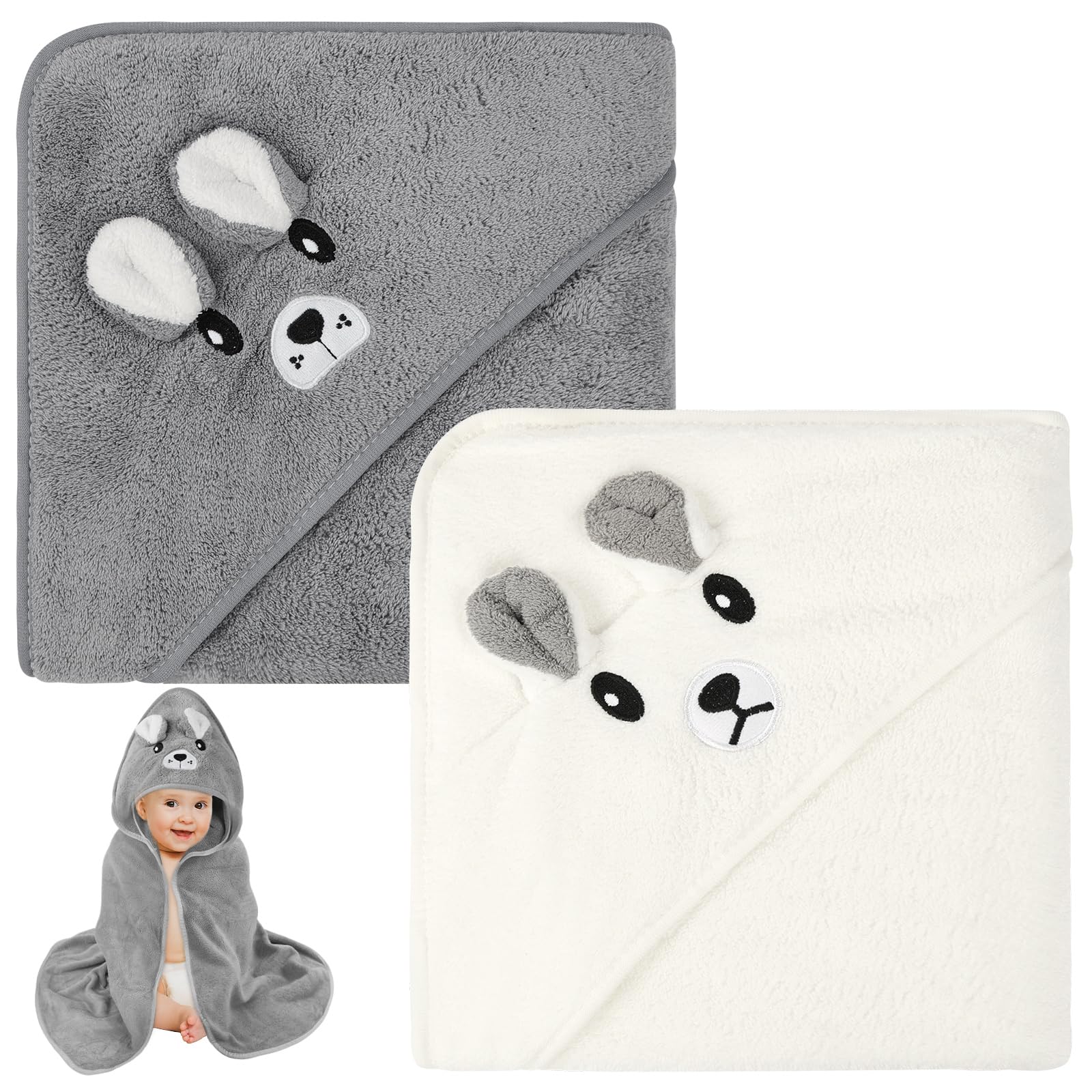 Aolso 2 Pz Asciugamano con cappuccio, 80 x 80 cm Asciugamani da Bagno per Bambini con Cappuccio, Morbidi e Assorbenti, per Neonati e Bambini 0-3 Anni -Bianco/Grigio