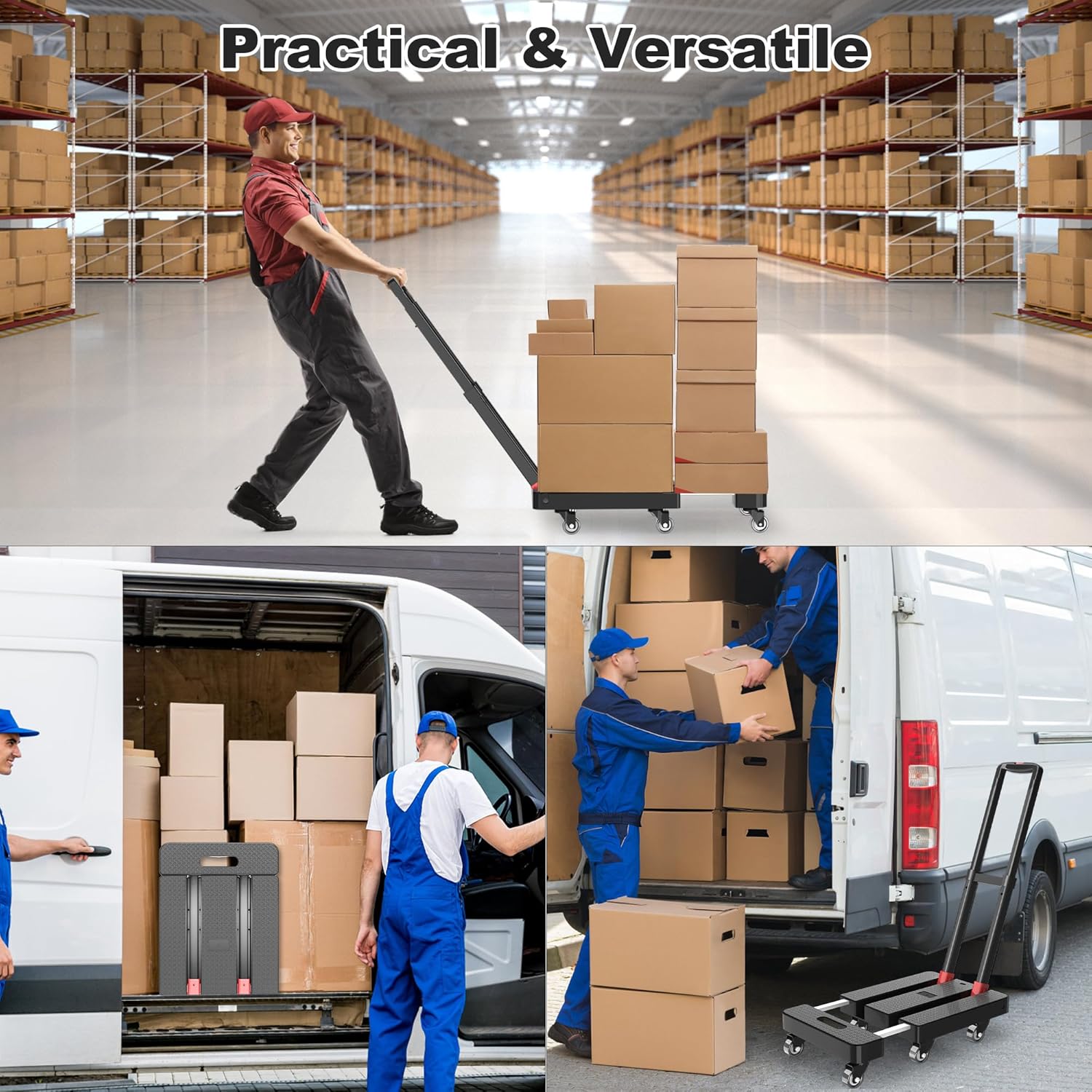 Folding Hand Truck, 500 LBS Heavy Duty Foldable Dolly Cart with Wheels, Telescoping Handle & 2 Elastic Ropes, Portable Luggage Cart for Moving, Travel, Home, Black Red