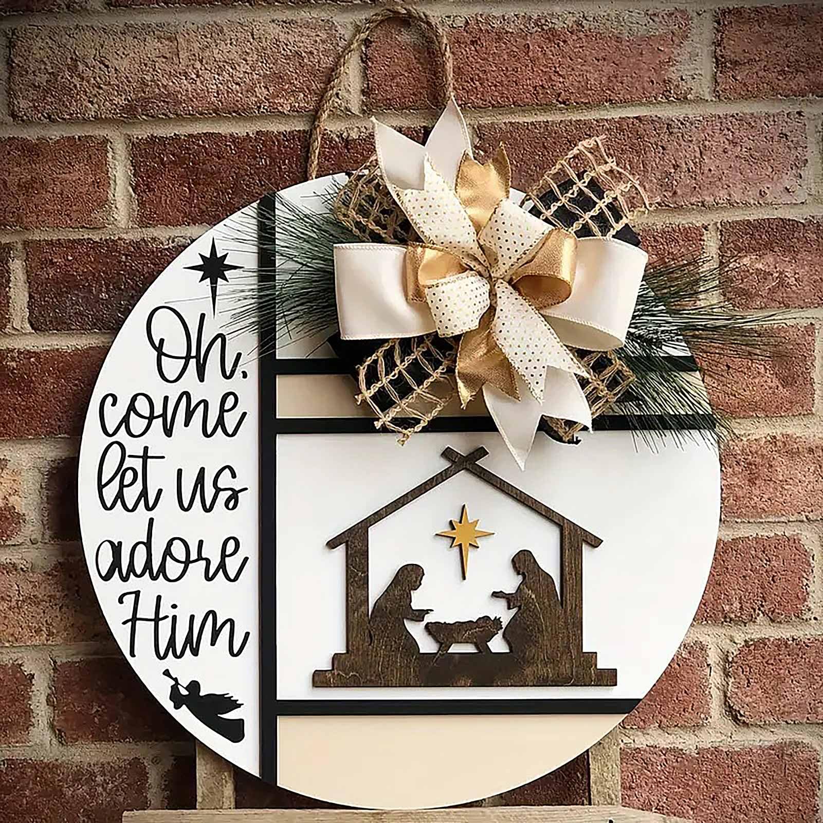 POTRUWE Christmas Signs for Wreaths Decor Nativity Jesus Is The Reason for The Season Wood Sign Round Hanging Decoration for Christmas Holiday