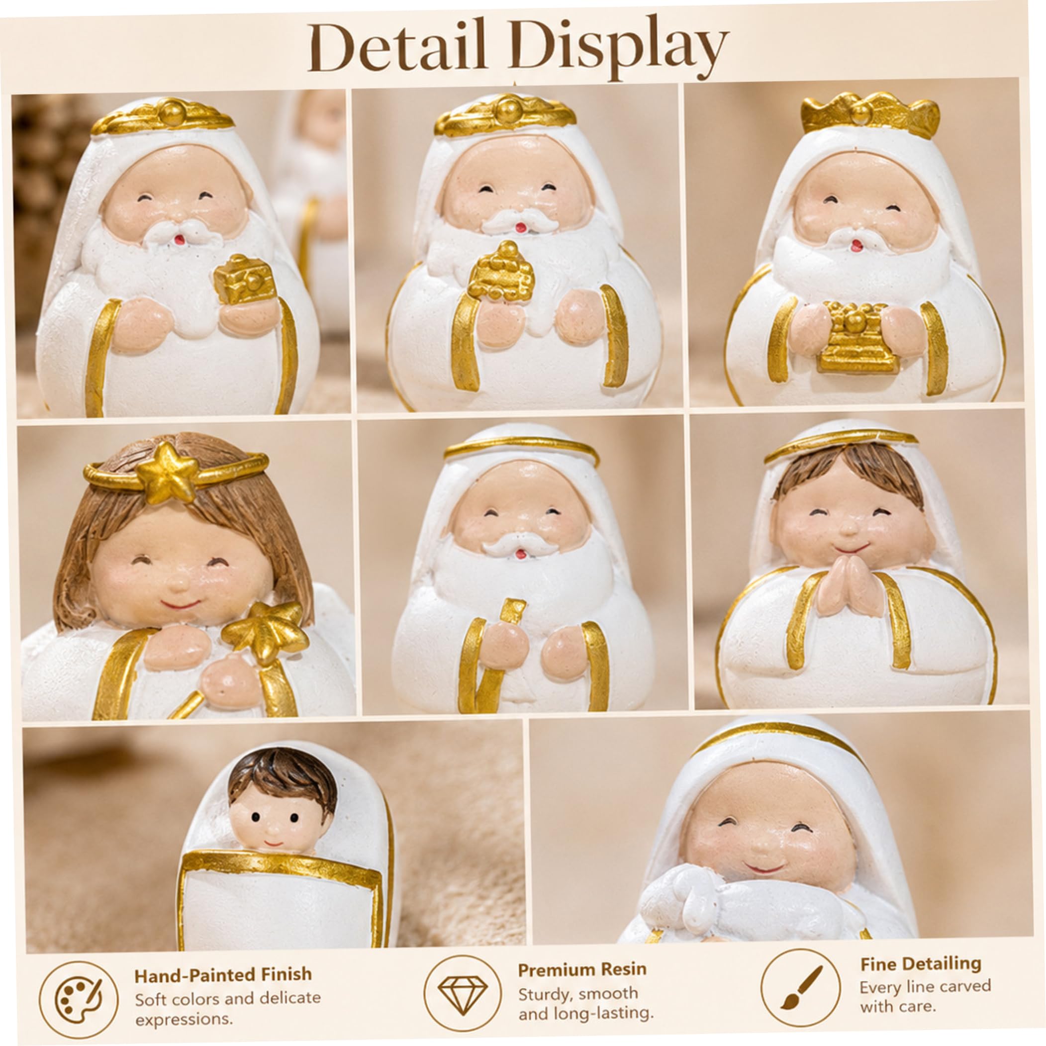 Juego de Figuras y Juegos de Natividad de 11 Piezas, Mini Natividad de Resina Blanca y Dorada