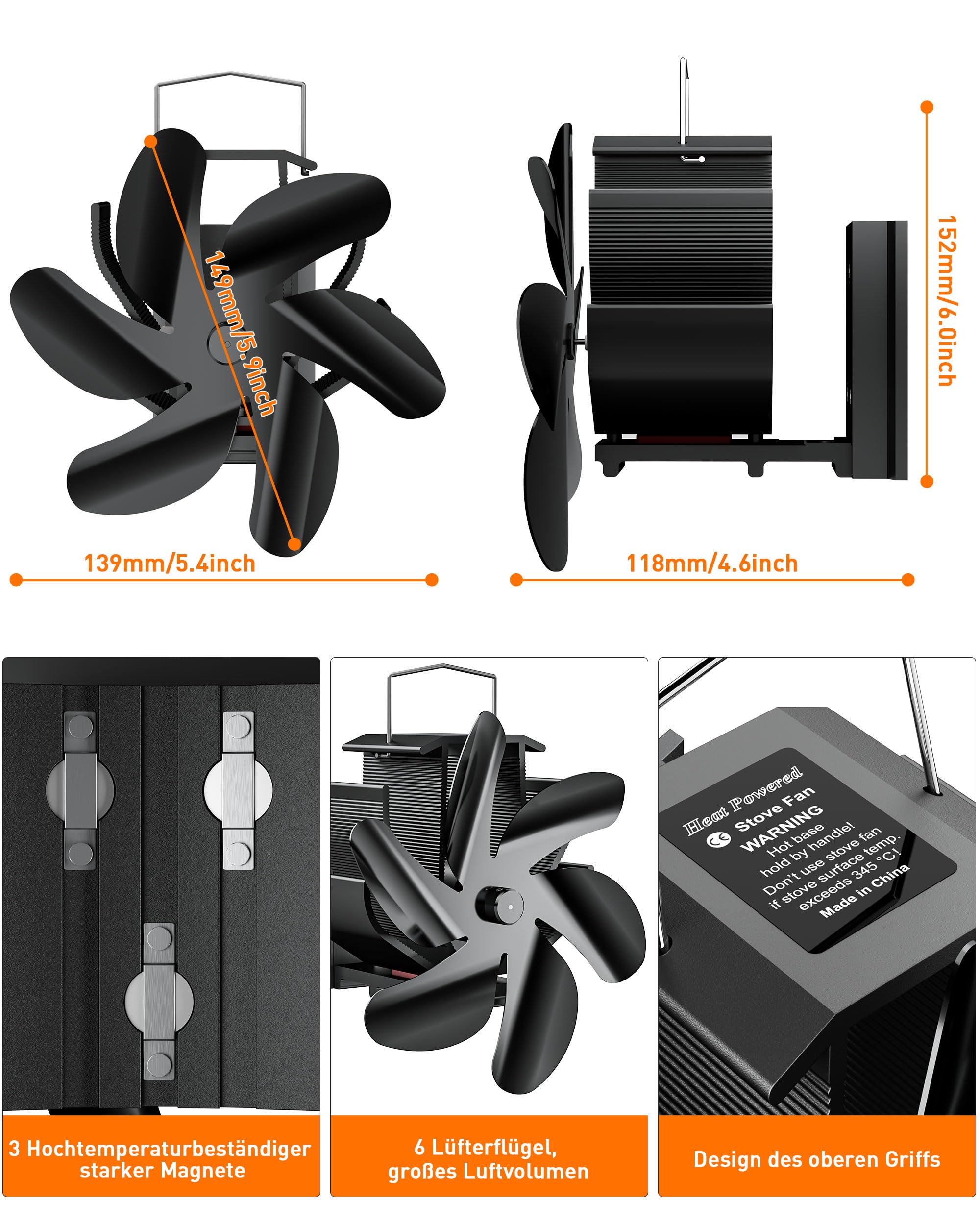 VODA 4-Blade Warmte Aangedreven Kachelventilator voor Hout
