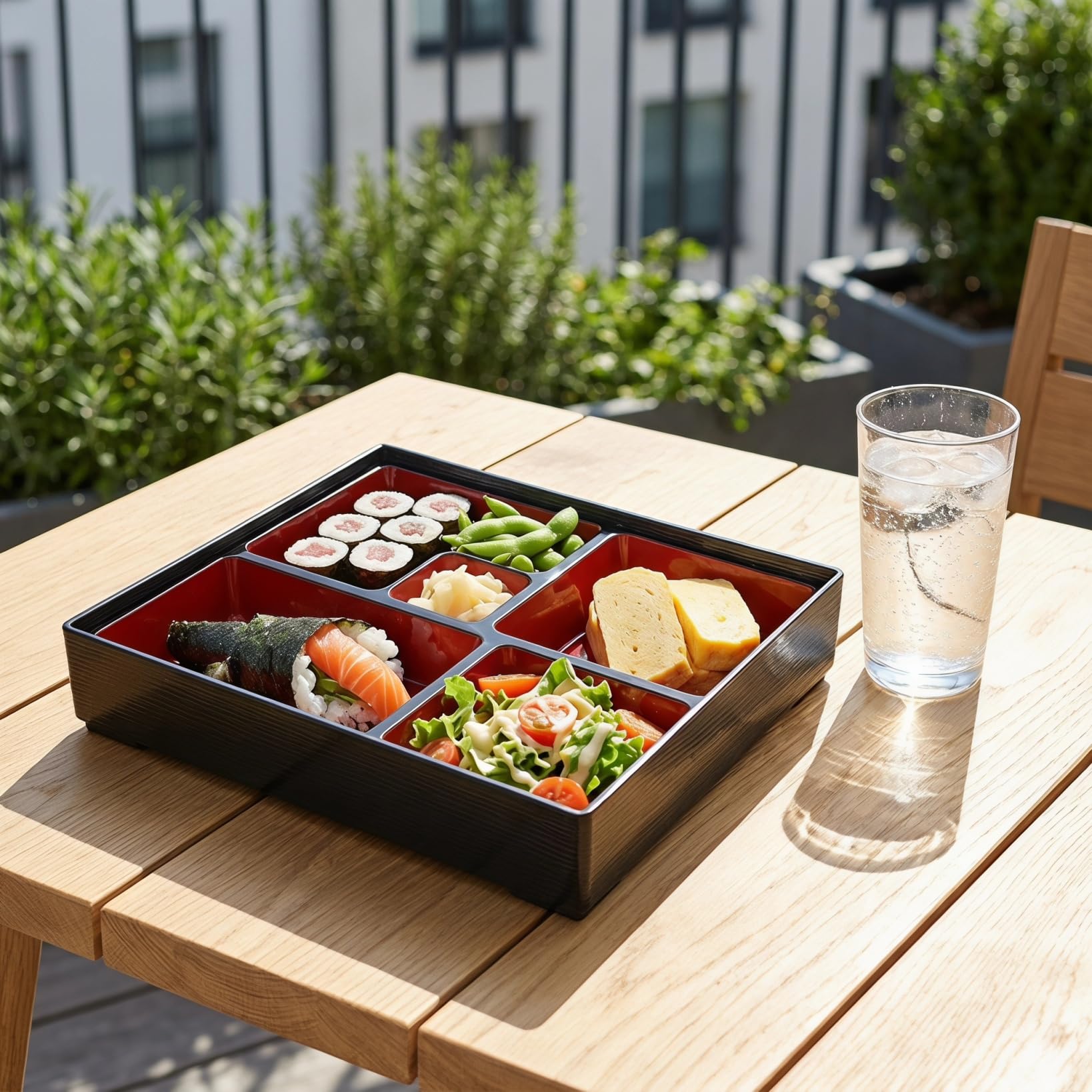 BESTonZON Japanische Bento Box Mittelgroß Mit 5 Fächern Lunchbox Aus Holzmaserung Für Büro Schule Und Reise Traditioneller Sushi Behälter 11.81X9.45X2.56 Zoll