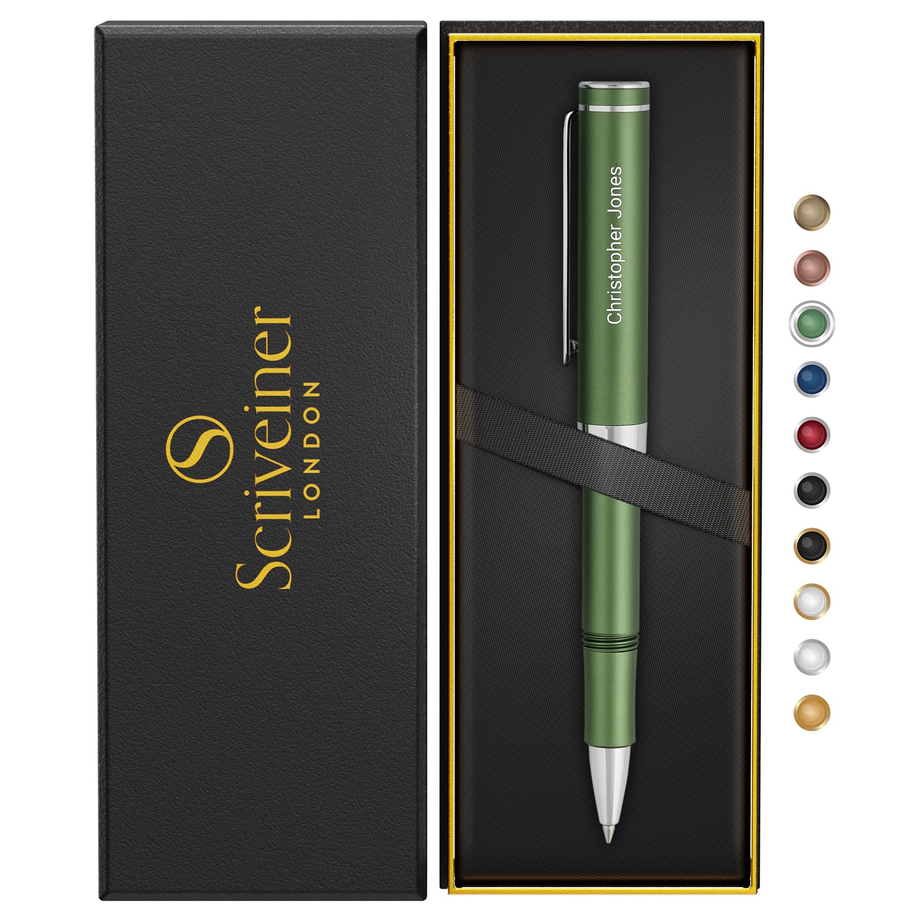 Scriveiner Personalized Green Rollerball Pen, Chrome Finish for Men & Women, Custom Engraving