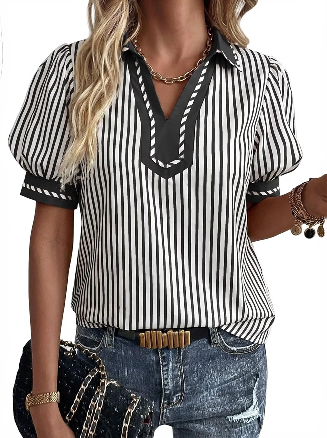 VICHYIE Womens Summer Puff Sleeve Dressy Office Blouses Striped Color Block Work Tops