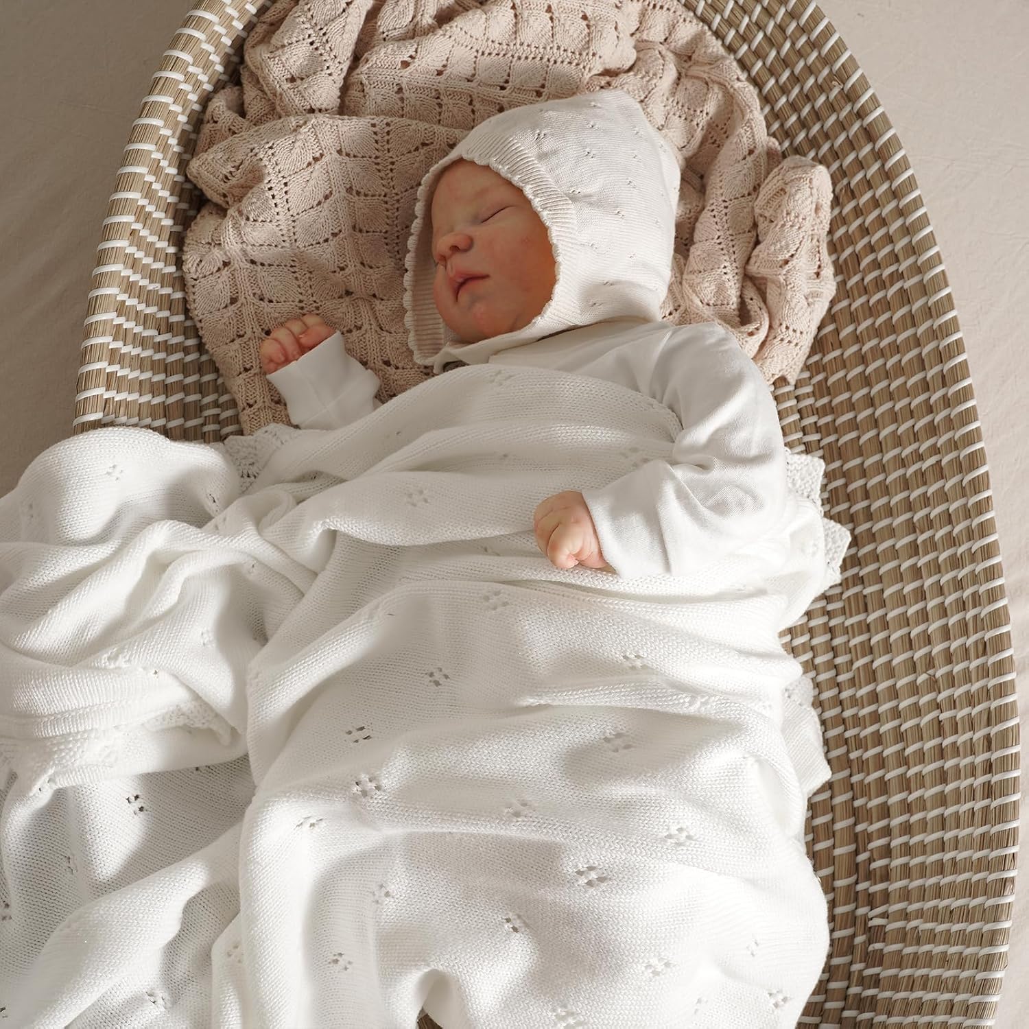 Hadetoto Coperta per neonati, 100% cotone, lavorata a maglia, idea regalo per neonati, 100 x 80 cm, colore: bianco