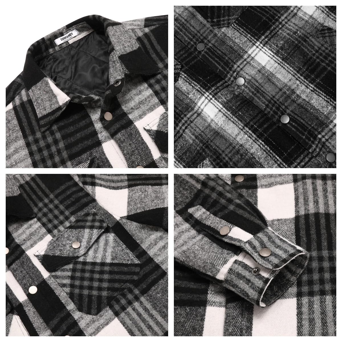 COOFANDY Camicia da uomo a maniche lunghe con motivo a quadri, foderata, modello invernale, camicia da boscaiolo nera, bianca e grigia, XL