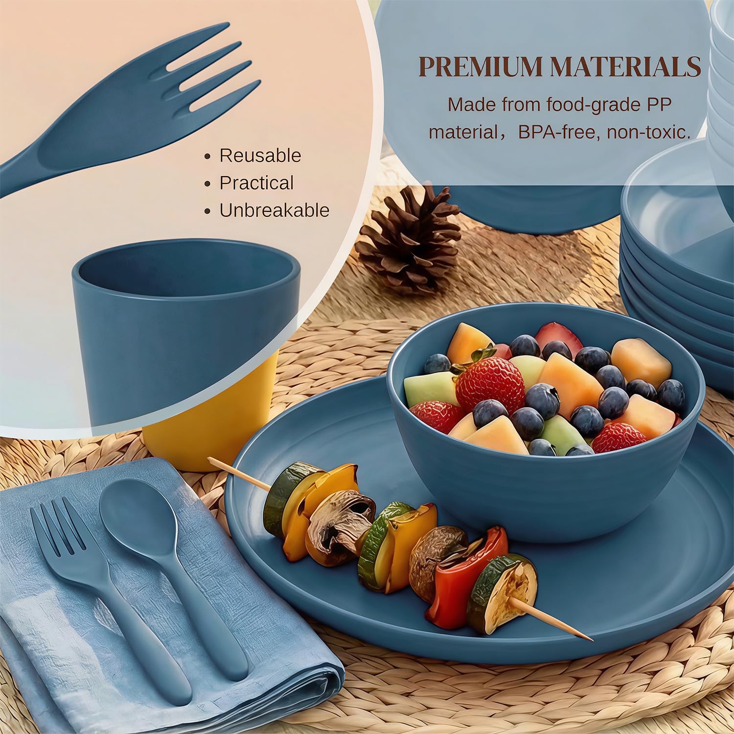 Wrova Servizio da tavola in plastica, 48 pezzi, servizio per 8 persone, infrangibili, set di posate, piatti, ciotole, tazze, forchette e cucchiai, adatto al microonde e alla lavastoviglie, per esterni