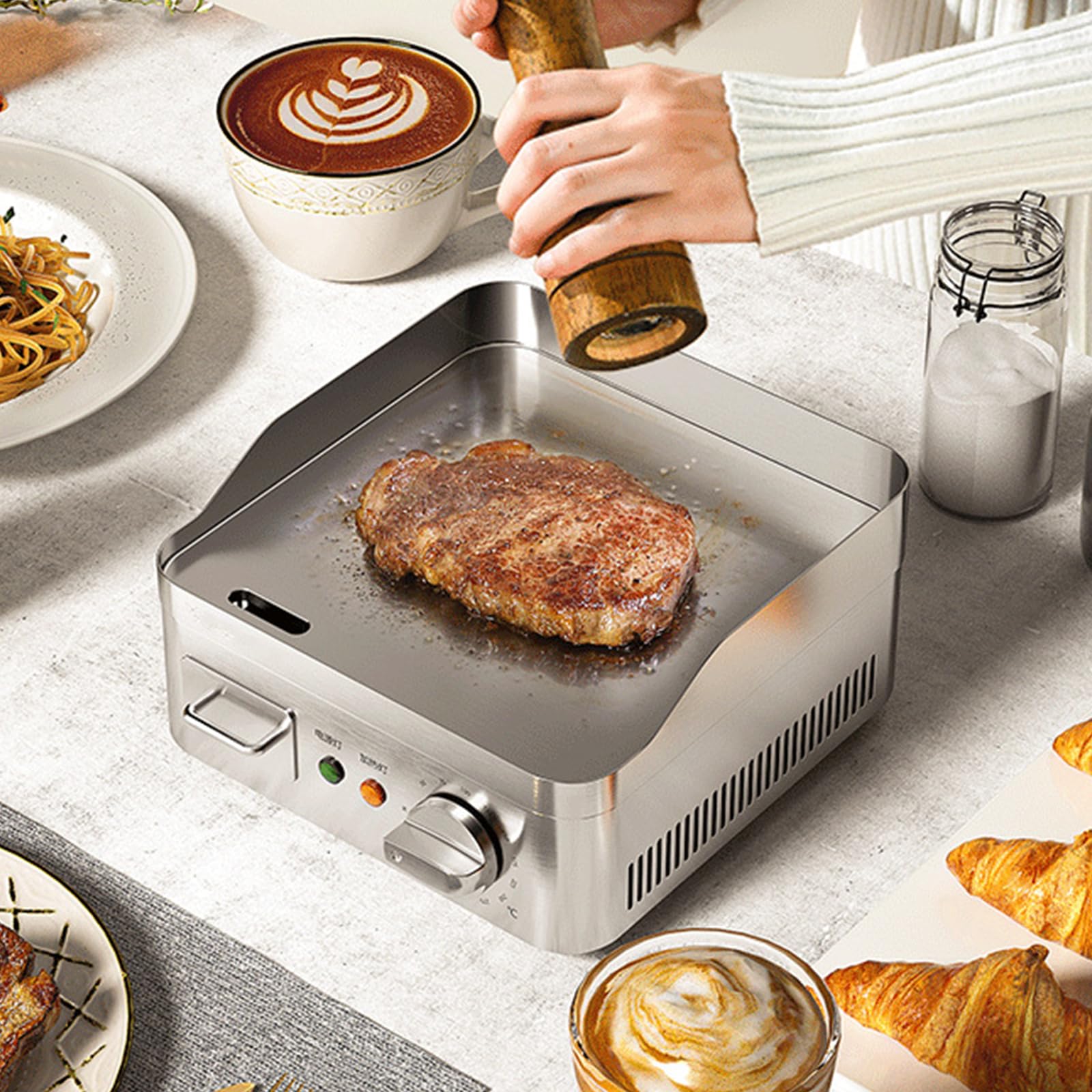 Piastra Elettrica Griglia 13,7", Griglia da Banco Elettrica Commerciale, Griglie Piane in Acciaio Inox Antiaderenti per Cucina Ristorante con Controllo della Temperatura Regolabile 2000W 220V