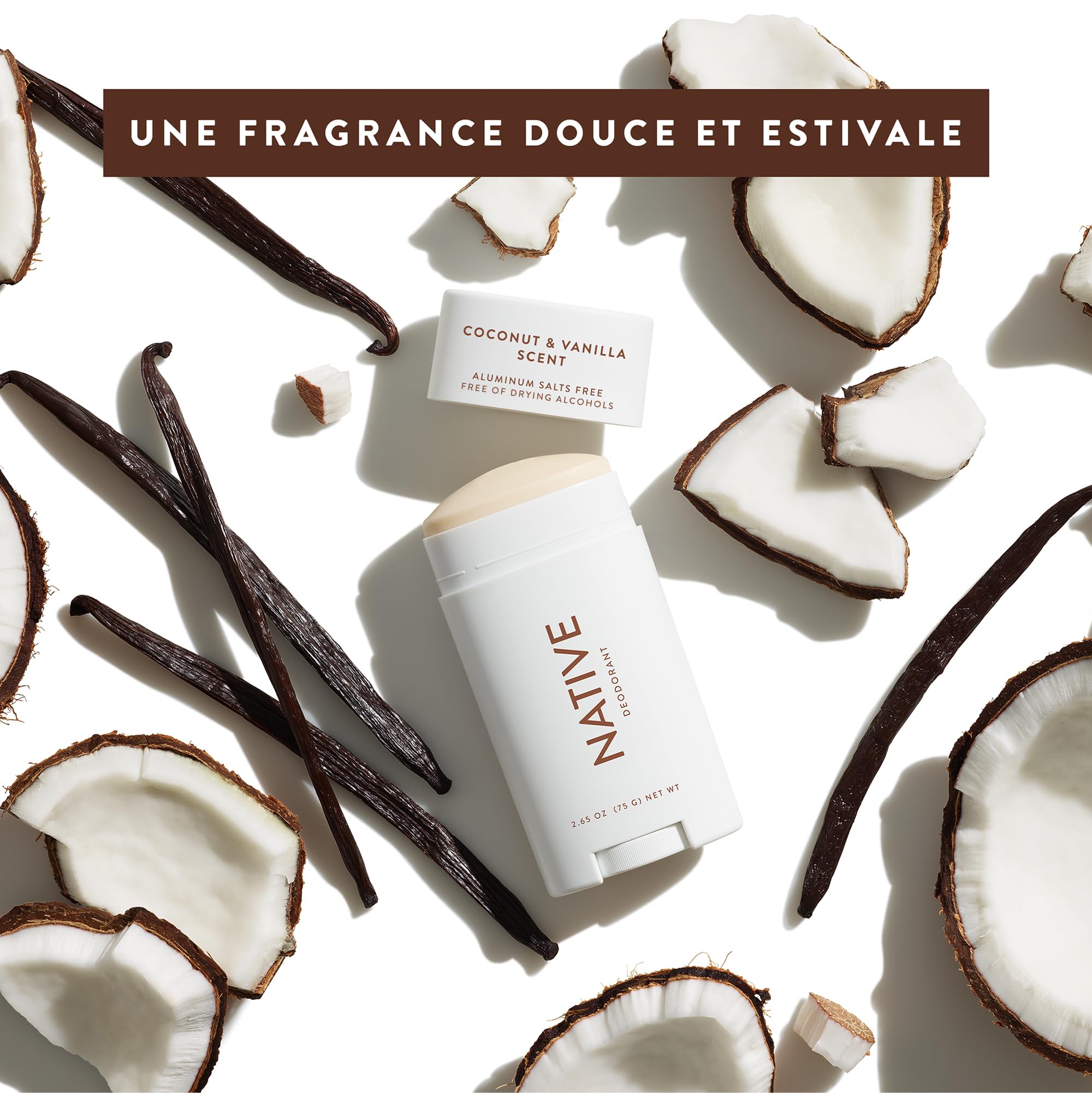 Native Déodorant Femmes & Hommes - Sans Alcool & Aluminium - Parfum Coco & Vanille - Avec Beurre de Karité, Huile de Coco & Bicarbonate de Soude - Contrôle Odeurs 72 Heures (Lot de 2, 75 ml chacun)