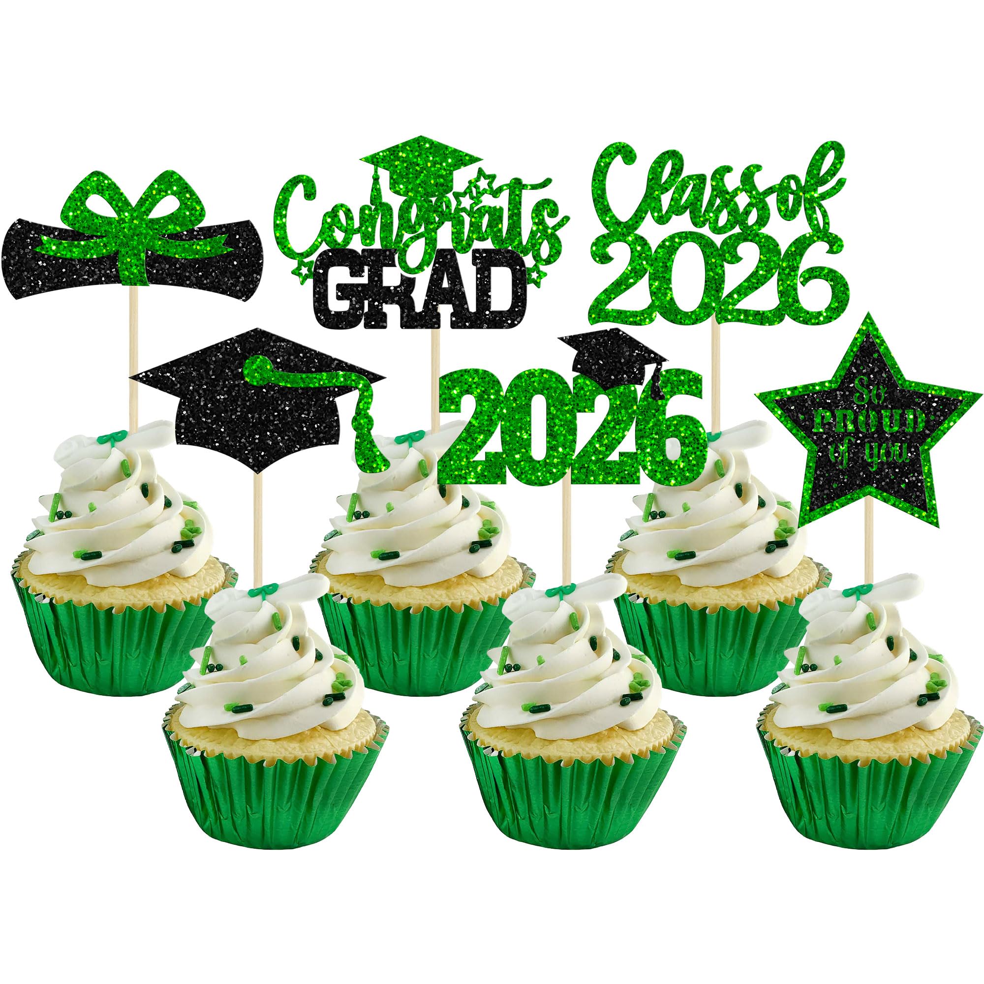 Gyufise 24Pcs Grad Cupcake Toppers Glittery Congrats Graduation Cake Topper 6 Styles Graduation Decorations Black and Green Cap and Diploma Cake Picks for Class of 2026 Grad Party Supplies Green 1 โ image 1