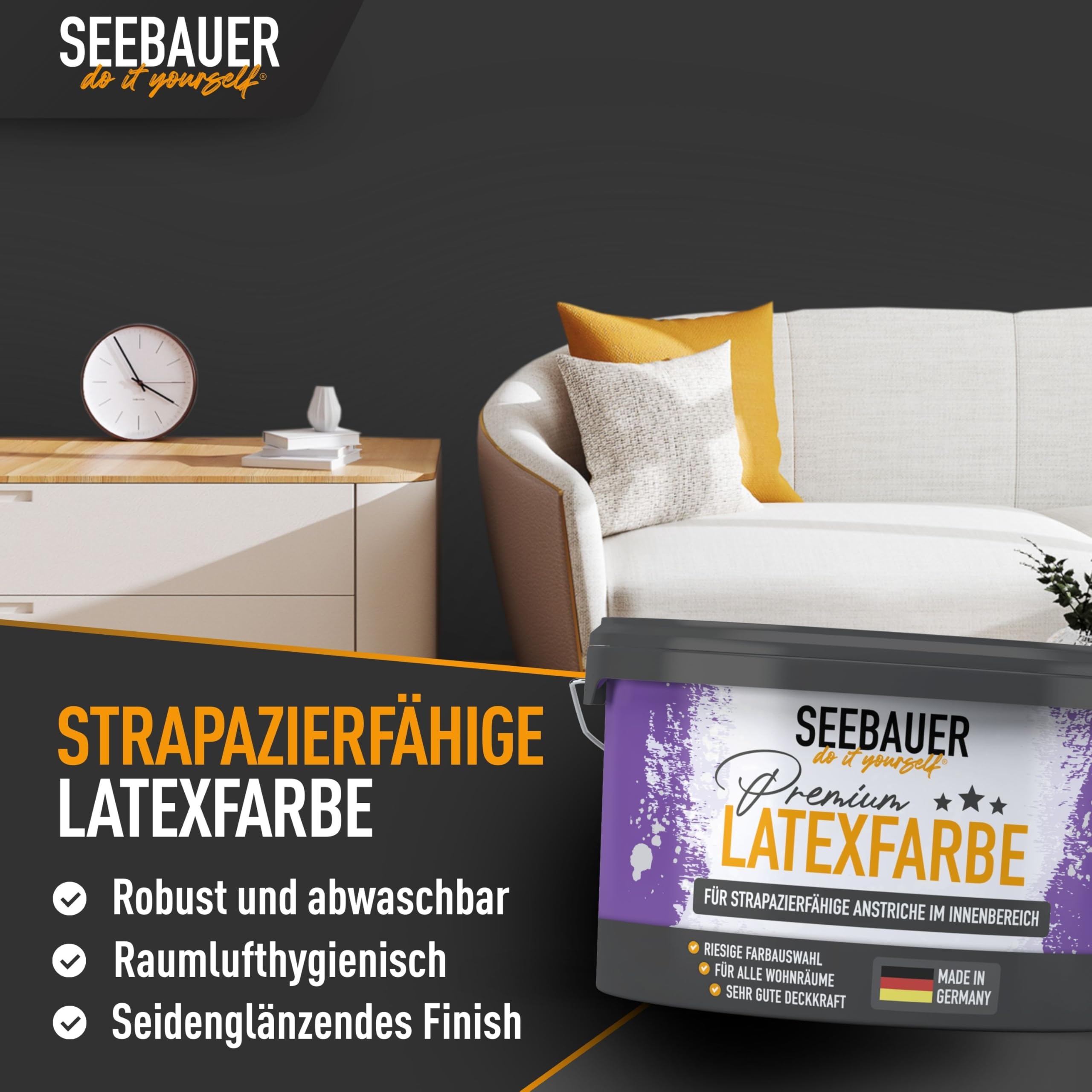 Latexfarbe Schwarz für Innen 5L (No. 100 Black Pearl) - Seidenmatte Innenfarbe für Putz, Beton & Mauerwerk - Abwaschbare Wandfarbe für Küche & Bad