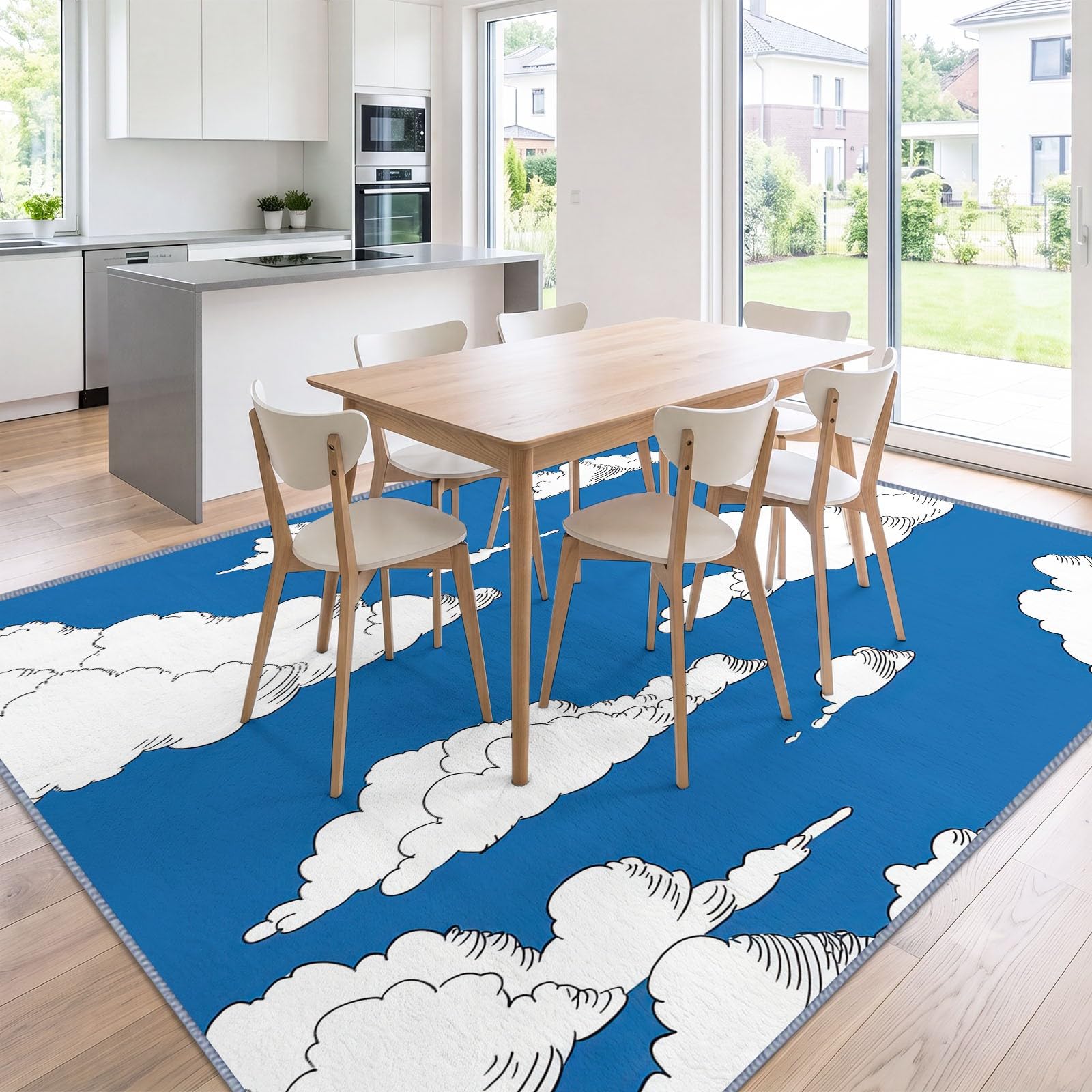 Tappeto lavabile in stile acquerello con cartoni animati per soggiorno, 80 x 150 cm, motivo: cielo blu, nuvole bianche, antiscivolo, a pelo corto, per camera da letto, sala da pranzo, cucina, casa e