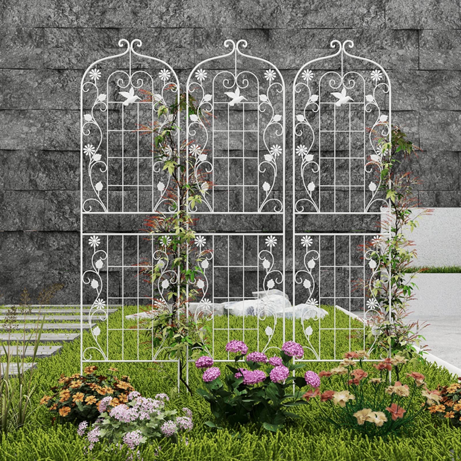 2 Graticci Rotondi In Metallo Per Piante Rampicanti, Sculture Da Giardino A Forma Di Globo, Supporti Per Vasi Esterni, Decorazioni Per Patio E Ingresso, Nero/Bianco (64x54cm / 47x38cm)