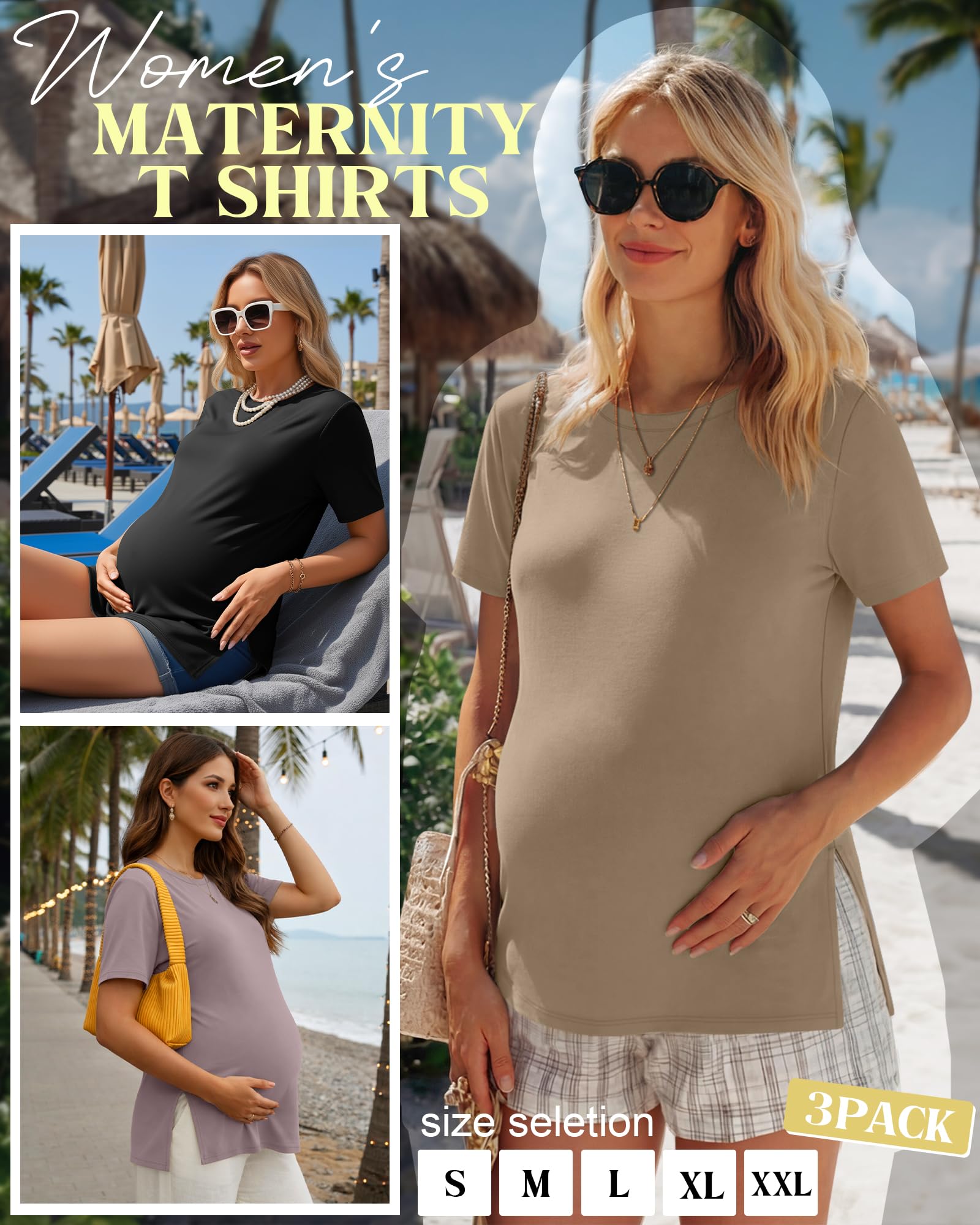 Ficerd Lot de 3 T-Shirts de Maternité pour Femmes Enceintes, Manches Courtes, Fentes Latérales, Col Rond, Vêtements de Maman