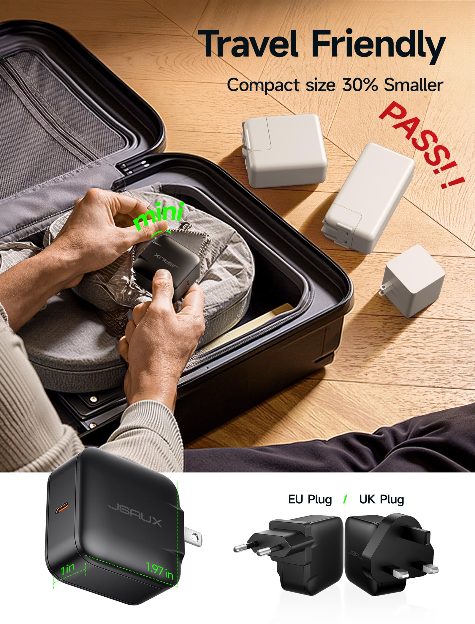 JSAUX Ładowarka USB C 65 W, kompatybilny z Nintendo Switch 2, ROG Ally, Steam Deck, tabletami i laptopami. Szybka ładowarka ścienna PD 65 W z 2-metrowym kablem USB C, wtyczka EU i UK