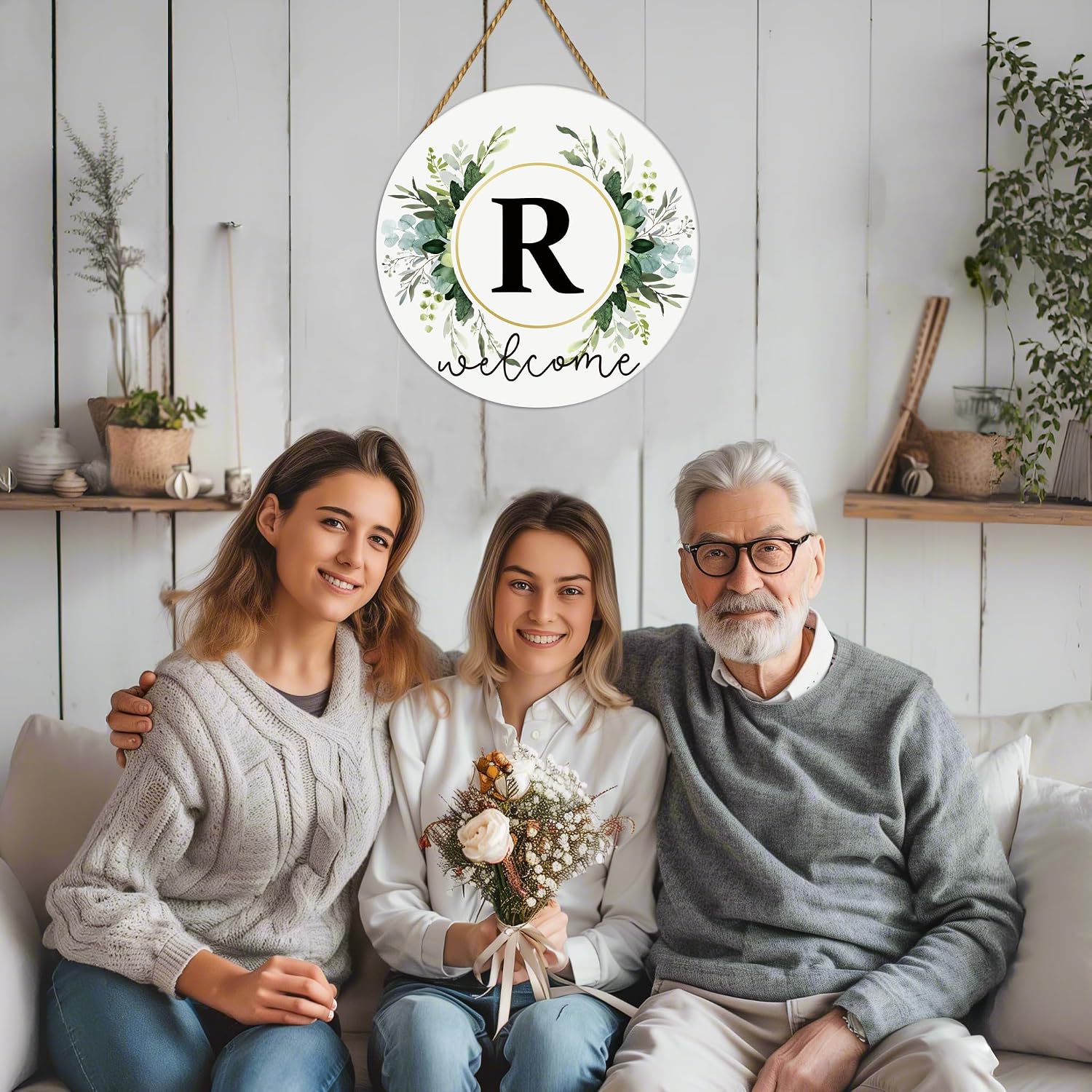 Monogram Letter R Wreaths for Front Door Wreath Wooden Welcome Sign for Front Door Decor Floral Family Last Name Initial House Warming Spring Summer Porch Rustic Wall Home Kitchen Boho Decorations