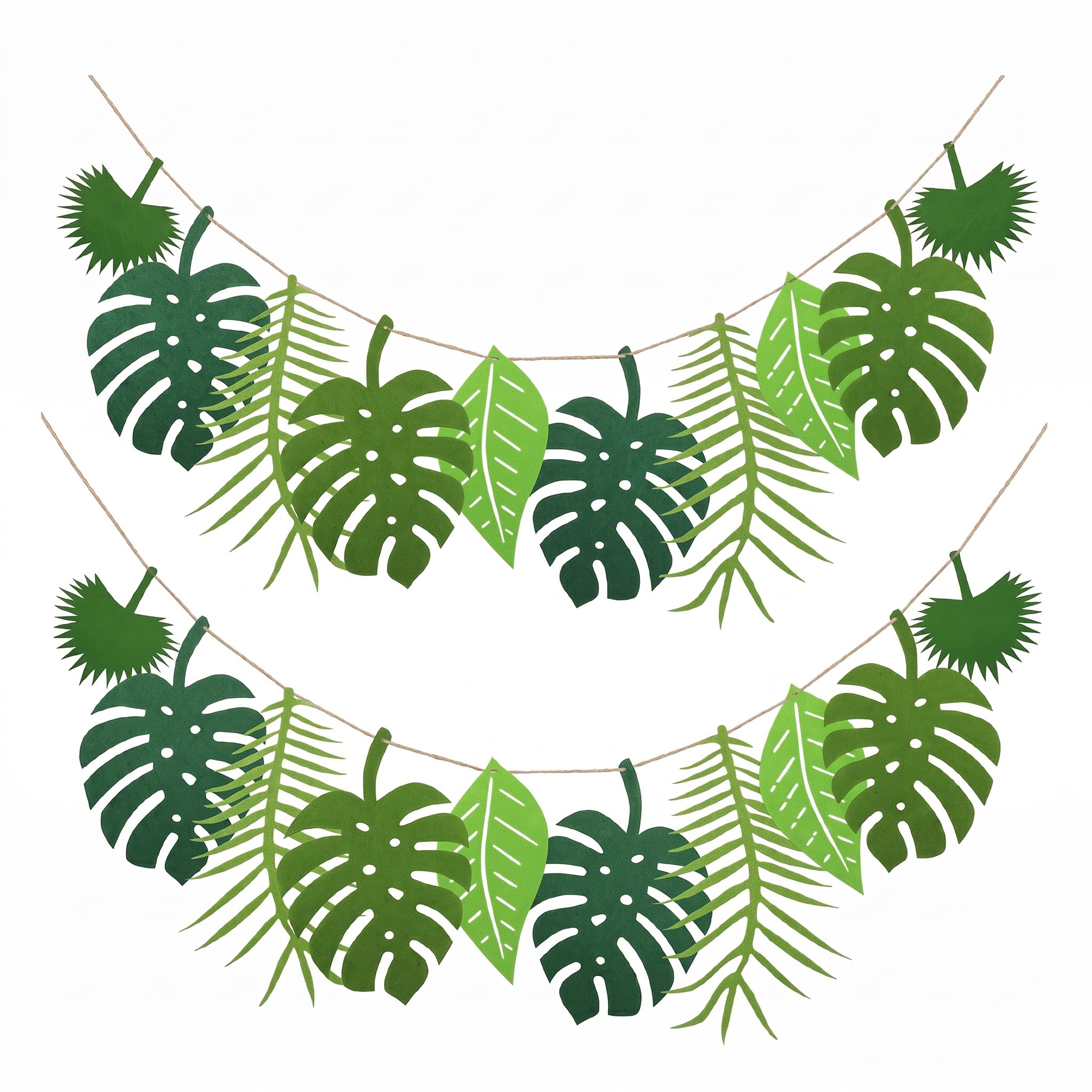 2 Pcs Tropical Palm Leaves Banner, Imitation Greenery Bunting for Island-Themed Celebrations, Warm-Weather Events, and Hawaiian Festivities, Each Garland Measures 2.5M, Lush Rainforest Party Decor