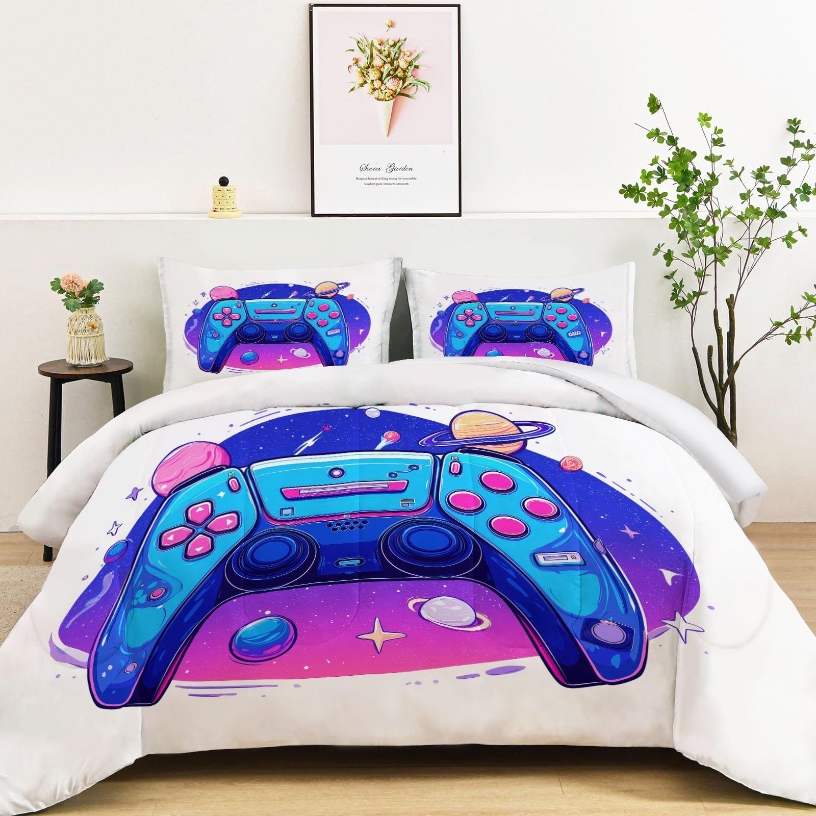 Kontroler do gier z motywem kreskówkowym, bez poszewki, 220 x 240 cm, dwustronna, na każdą porę roku, z 2 poszewkami na poduszki, dla dzieci, lekka i nadająca się do prania w pralce