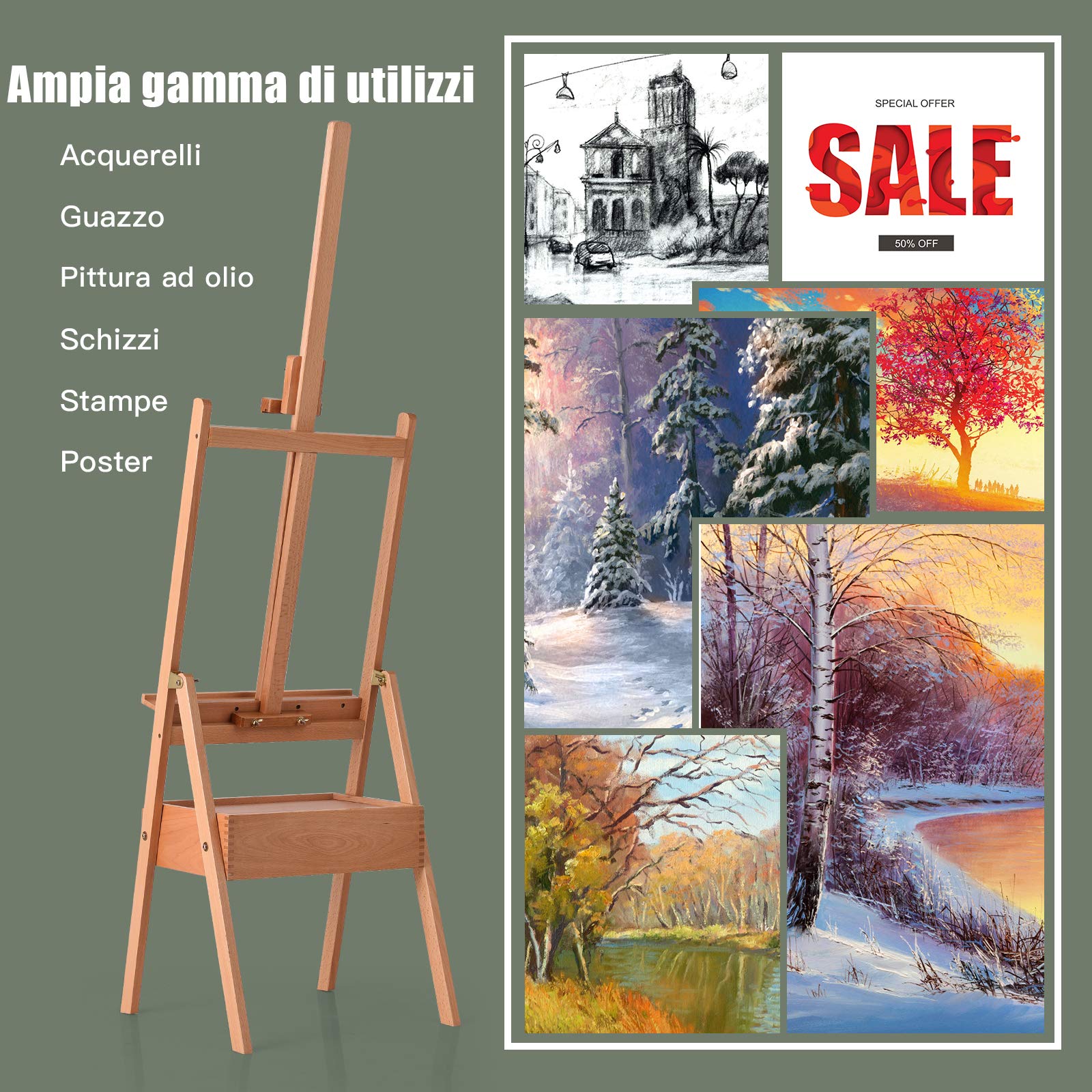 COSTWAY Cavalletto Pittura Legno con Cassetto e Vassoio, Cavalletto Disegno per Dipingere, Pittore Altezza Regolabile, 44x44x(149,5-193,5) cm