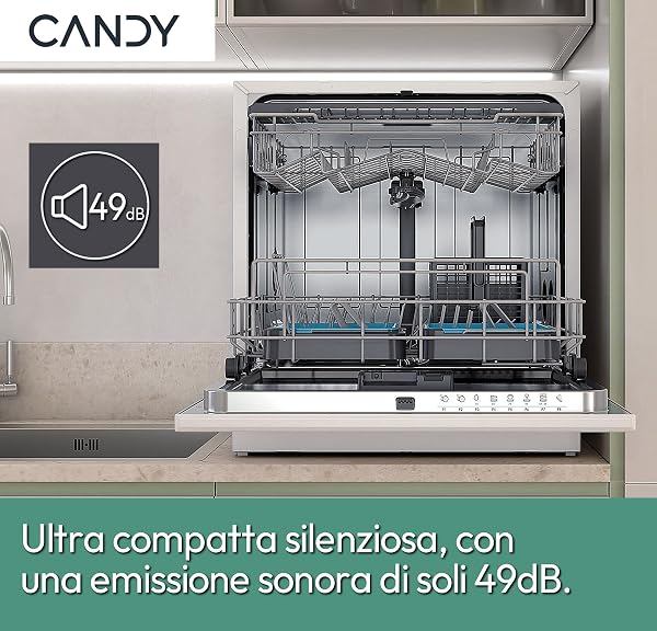 Candy Rapido' CP 8F9FFW Lavastoviglie Compatta, 8 Coperti, 8 Programmi, Lavaggio e asciugatura in 35', Partenza ritardata, AxLxP 59,5x50,1x55 cm, Bianco [Classe di efficienza energetica F] - 2