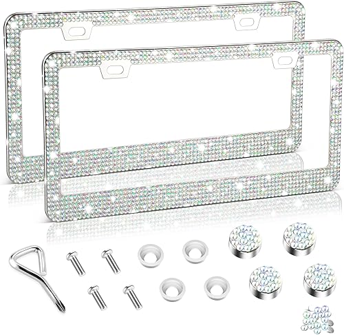 Miniatura 6 de Amiss Marco de matrícula brillante para mujer, 2 unidades de diamantes de imitación hechos a mano de cristal de acero inoxidable de alta calidad,