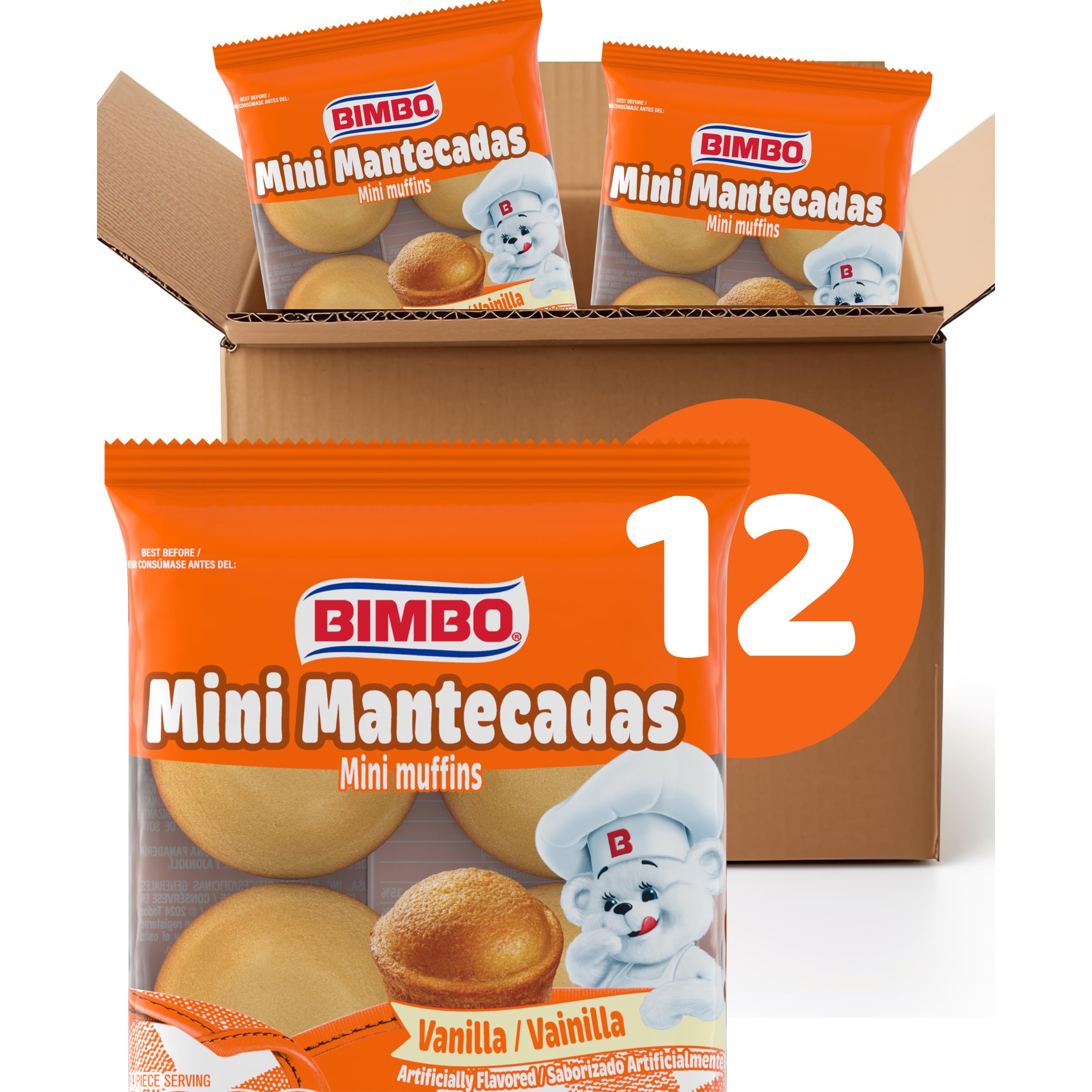 (Restock) Bimbo Mini Mantecadas Vanilla Muffins, 12 individual packs, (4 ct each), Mini Muffins, 52.92 oz Multipack