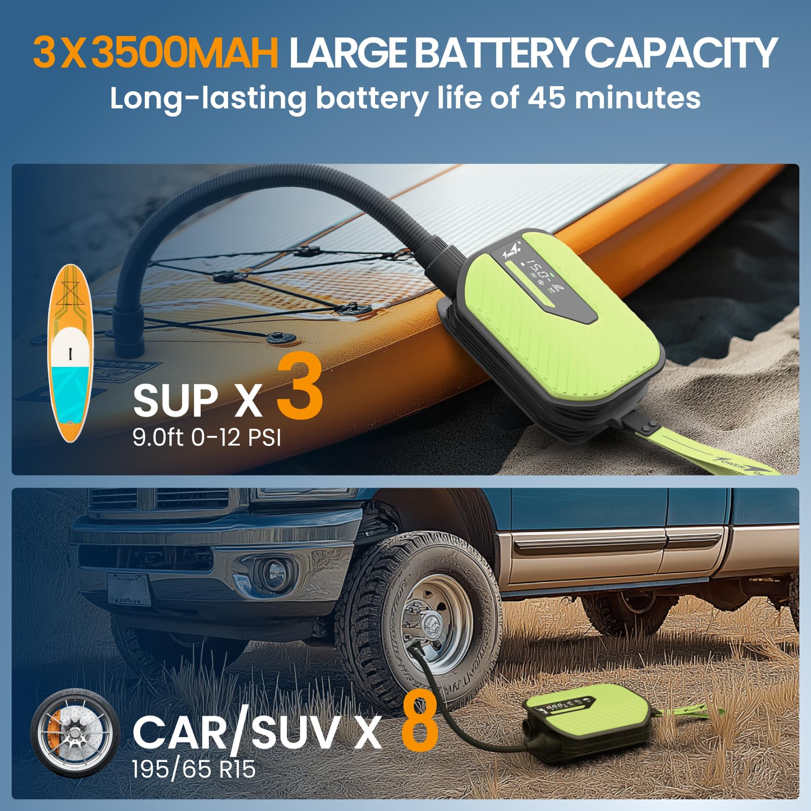 TowerTop Elektrische Paddelboard-Pumpe, 10.500 mAh, 50 PSI wiederaufladbare Sup/Auto-Pumpe, zweistufig (Aufblasen und Luftablassen) mit Kühlventilator, 8 Düsen, HD-LCD-Display – für Paddelbretter