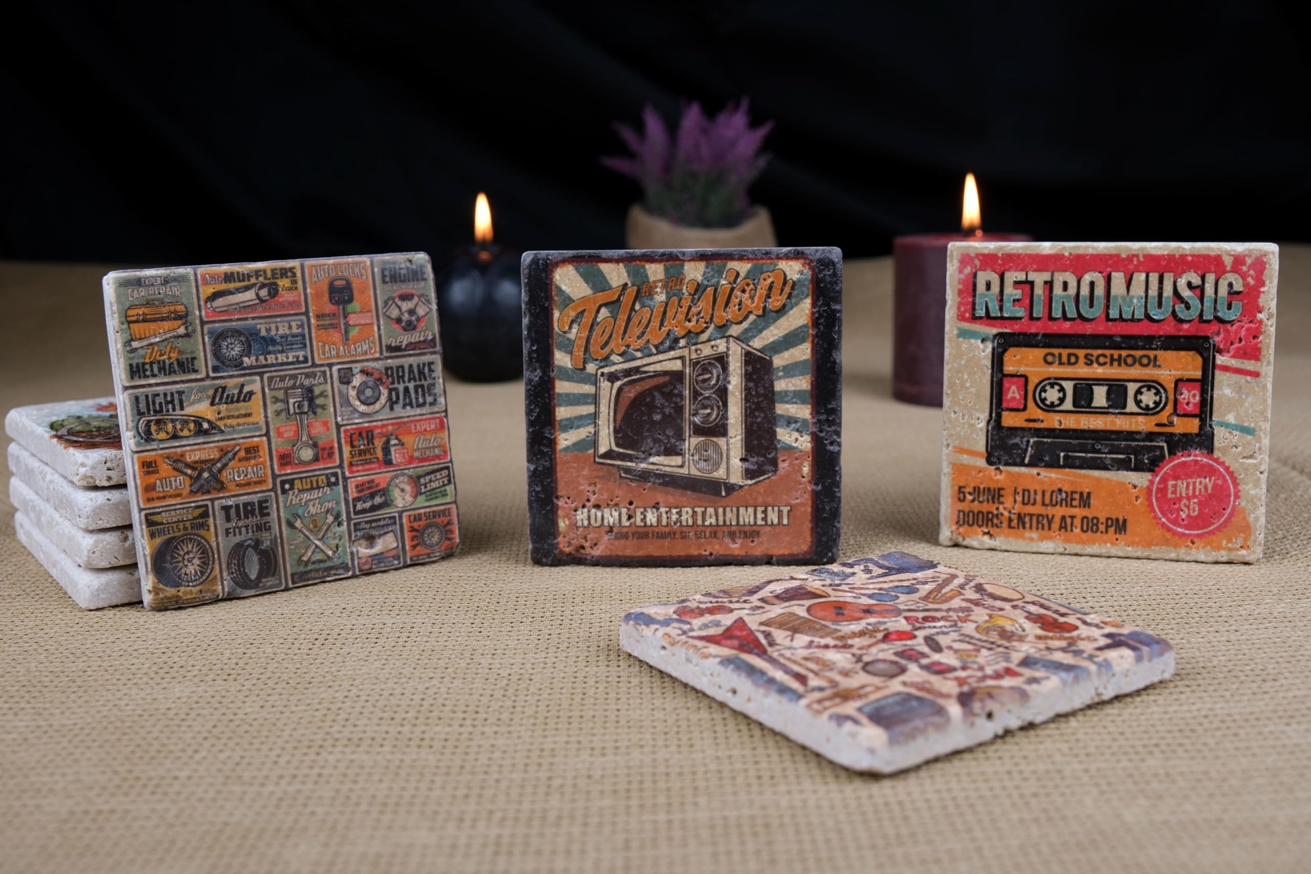 Retro Coaster Set of 4, absorbent square coasters. Coaster vintage. Desk decor coasters. Travertine coasters. Unique Holiday gift. Stone coasters. Christmas gift.