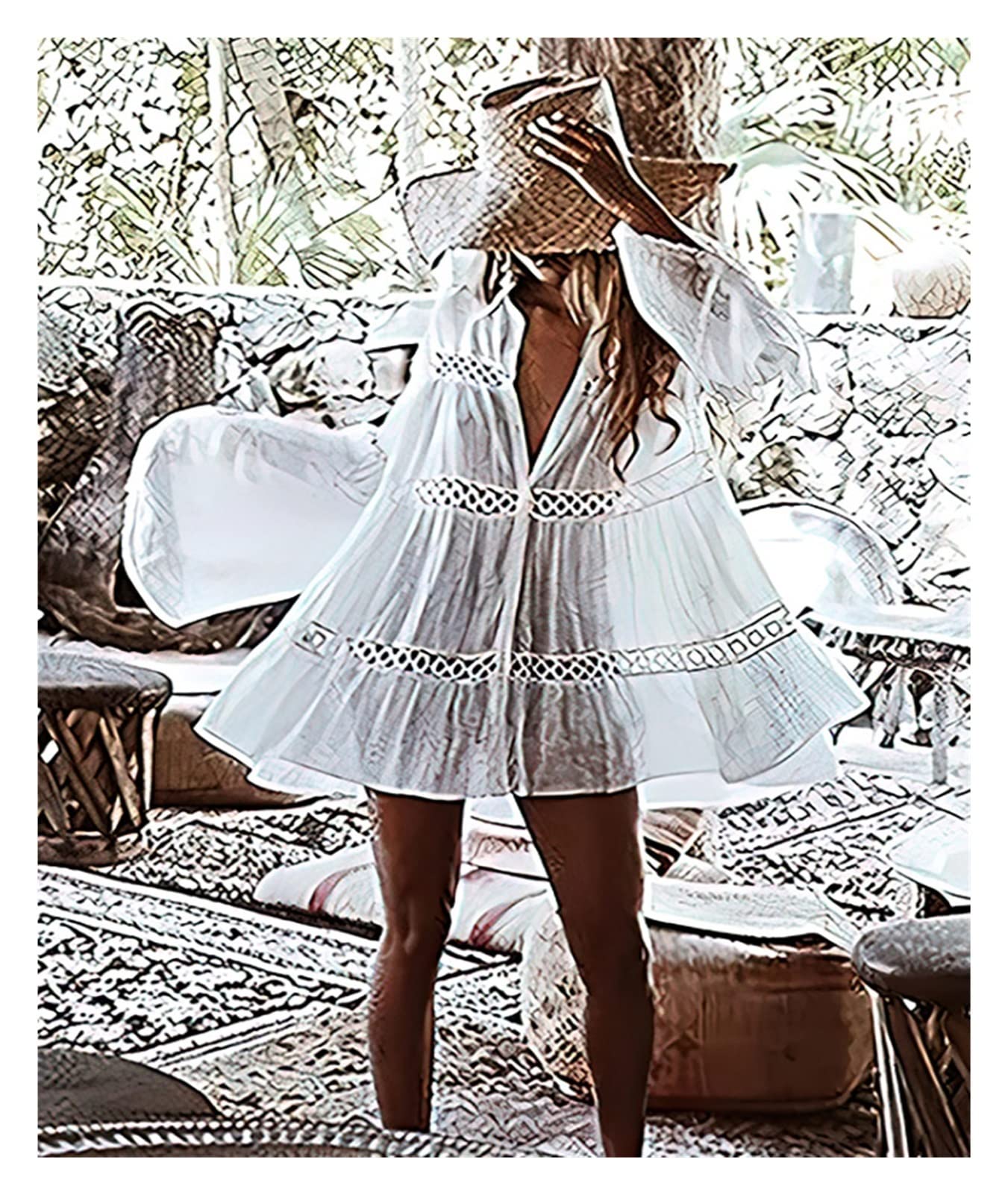 Copricostume Donna Bikini Cover-up Costumi da bagno estivi Camicia di pizzo Abito da spiaggia Costume da bagno da donna Copricostume da spiaggia Abiti bianchi solidi ( Color : PJ-123 , Size : One Size