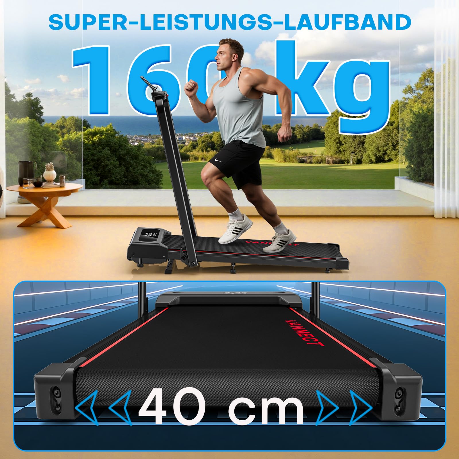 Laufband für Zuhause, VANNECT Walking Pad, 1-12 km/h Klappbares Laufband mit 9% Steigung, Ultra-Leise, LCD-Display, Dreifache Steuerung - Fernbedienung + App + Handlauf-Tasten, Belastbar bis 150 kg