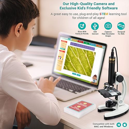 Miniatura 5 de AmScope - Kit de microscopio y cámara premium de 85+ PC 120X-1200X con software interactivo amigable para niños y kit de exploración de insectos de