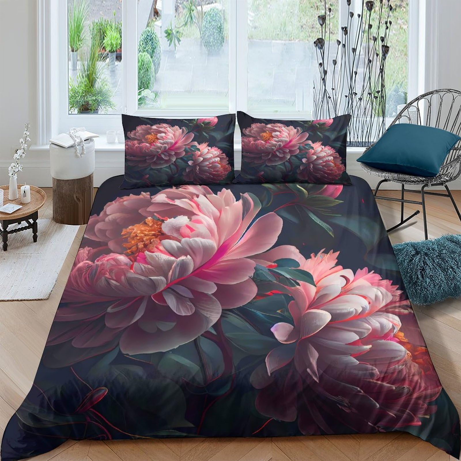 Ctjqhvkz Style-4 3D Printed Peony Blossom Fitted Sheet Microfiber Soft Bedroom Decor Dark Floral Mattress Cover For Home Dorm Room Single（135X200cm）
